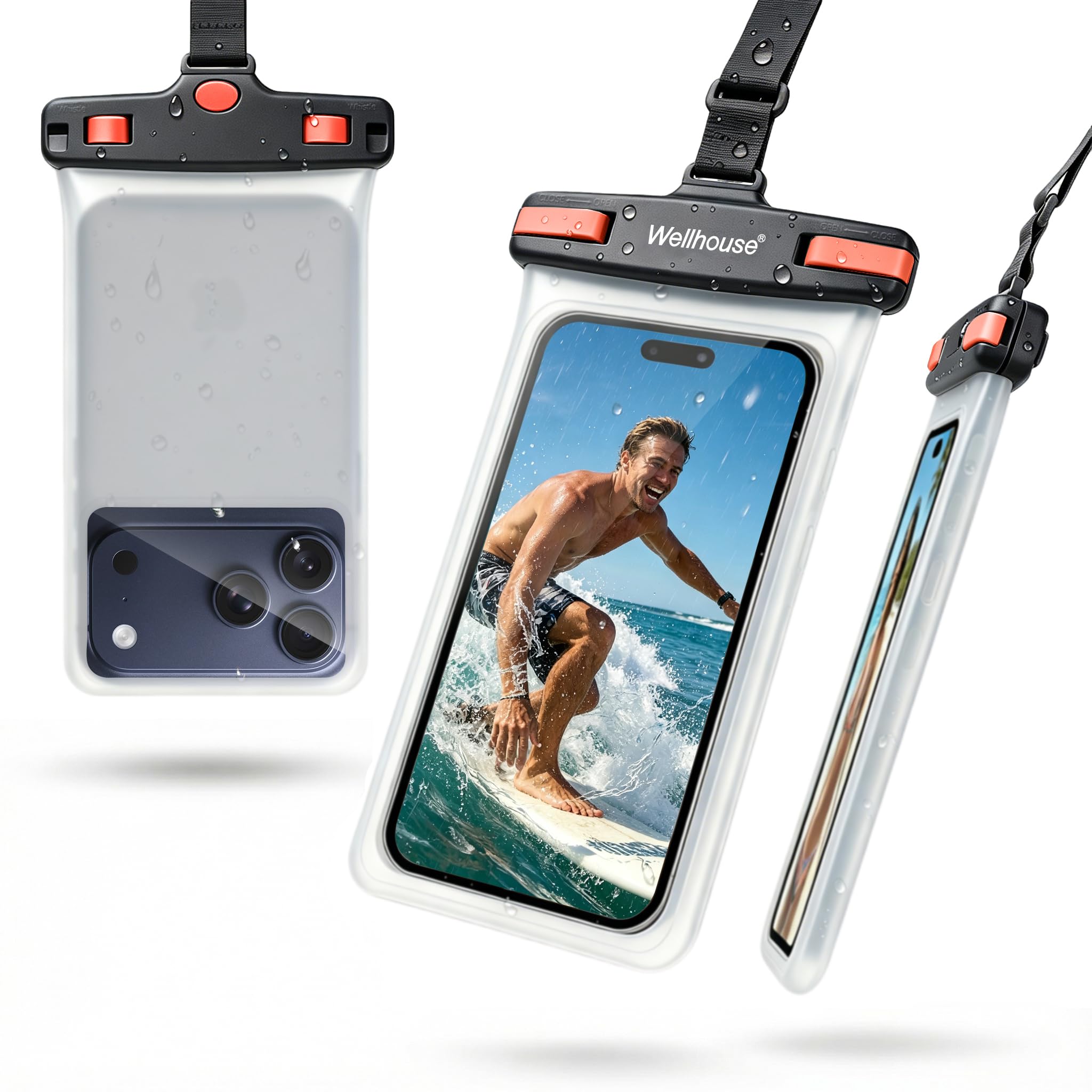 wellhouse Waterproof Phone Pouch, Waterproof Phone Case for iPhone 17 16 15 14 13 Pro Max XS Samsung, IPX8 3D Cellphone Dry Bag Beach Essentials (1 Pack - Black/Red Clasp7.0, 7 inch)
