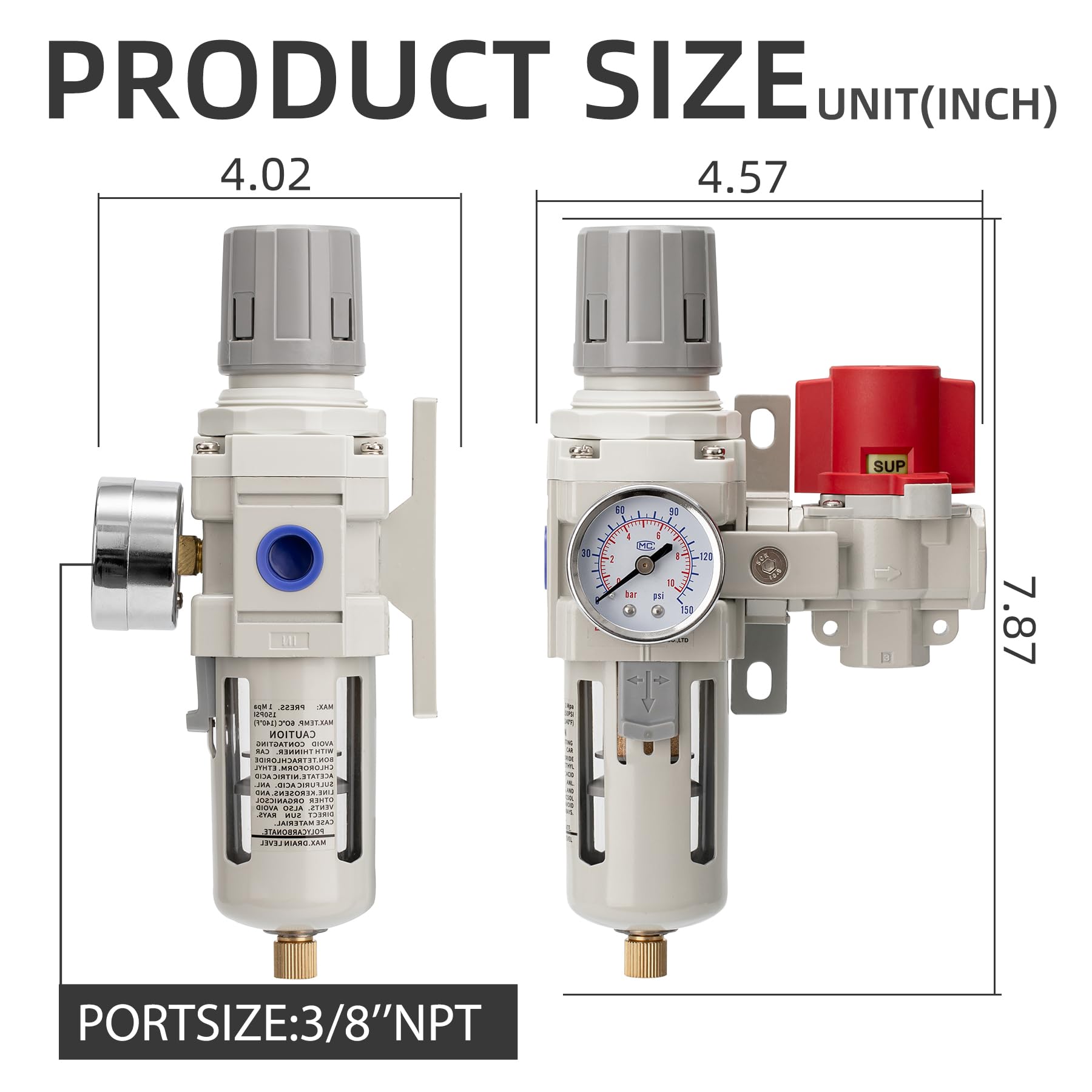 Industrial Air Compressor Filter Regulator Combo 3/8" NPT 0-150 PSI Gauge,Semi-Auto Drain,Pressure relief 3 port valve,5 Micron Water Separator for Pneumatic Tools — Amazon image 3