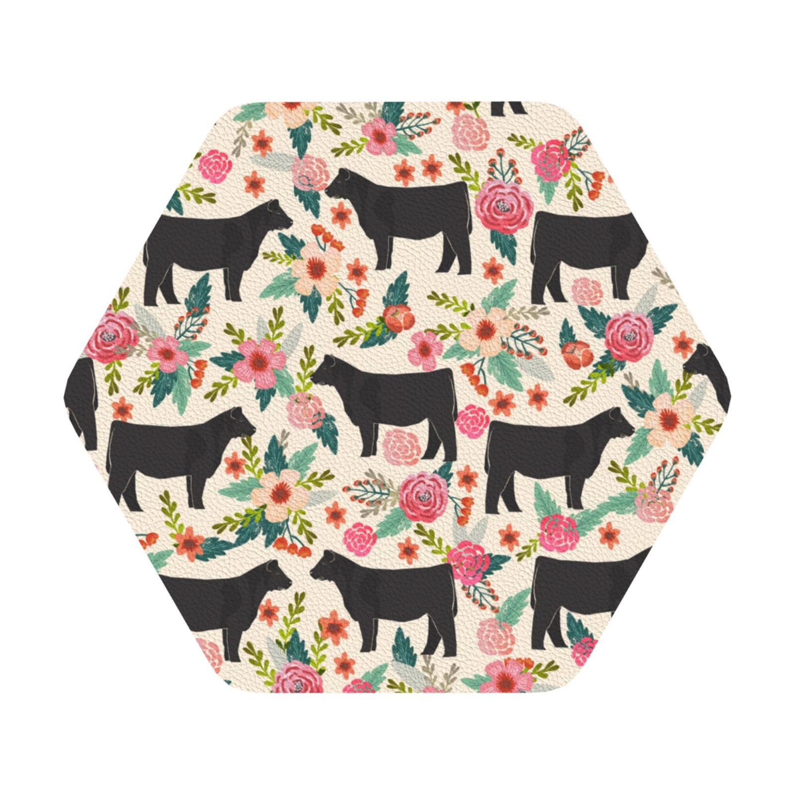 Pink Flower Show Steer Cows Cattle PU Leather Coasters Set of 6 Hexagon Drink Coasters