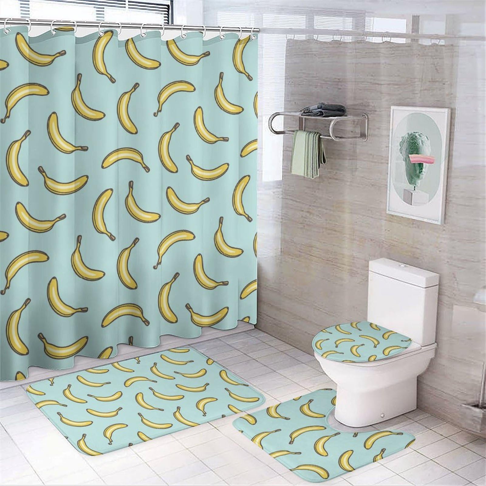 JiuPopular Bathroom Mat Set 4 Piece, Yellow Banana Shower Curtain with Non-Slip Bath Mats for Bathroom