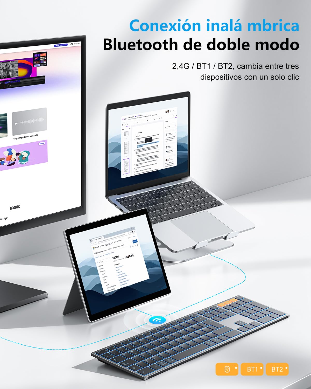 OMOTON Teclado Inalámbrico Bluetooth + 2.4GHz, Carcasa Metálica, Teclado QWERTY Español Silencioso Multidispositivo, Teclado Retroiluminado Recargable para Windows/Mac, Oficina y Estudio, Gris Negro