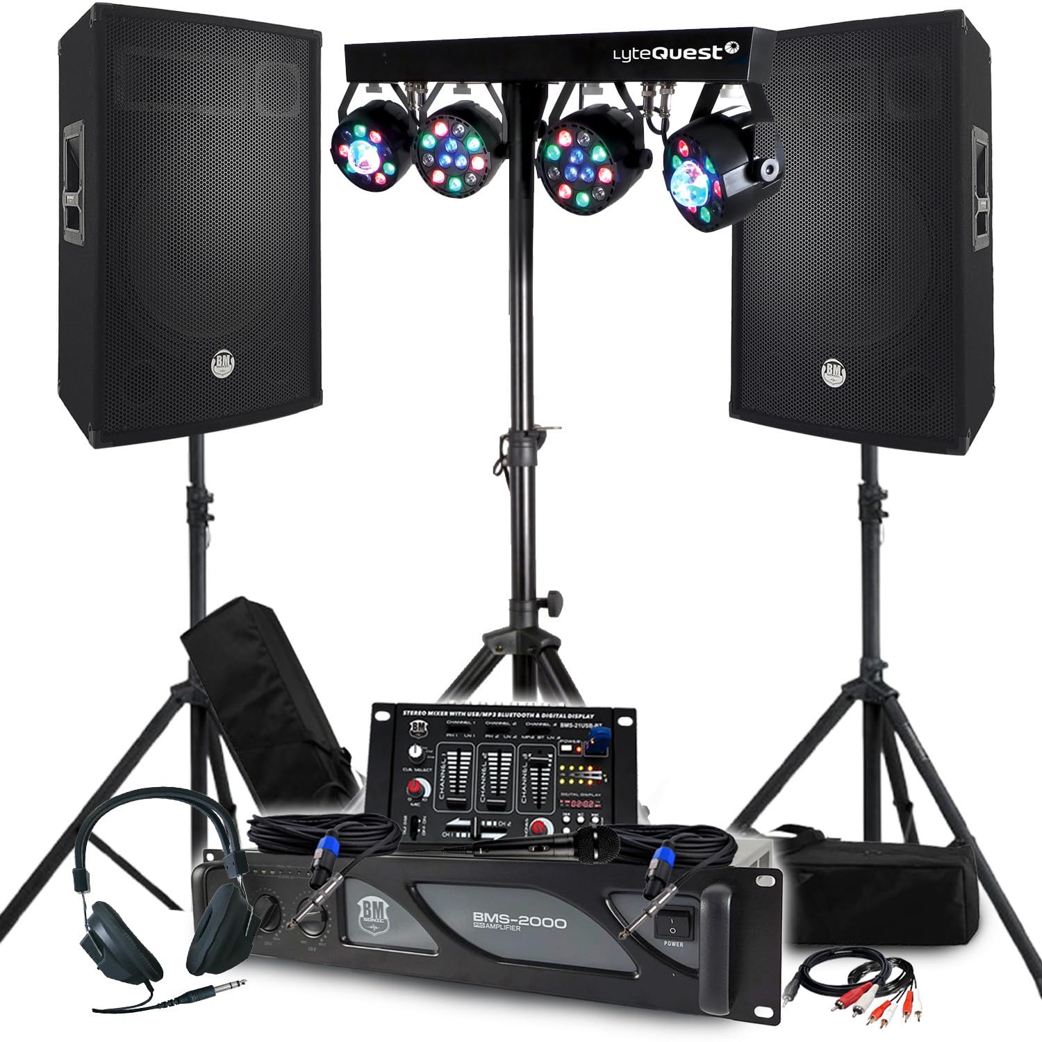 Pack Sono BM Bmsonic Verstärker 2000 W, passive Lautsprecher 2 x 700 W, Standfüße, Mischpult, 8 Lichter Xperformer