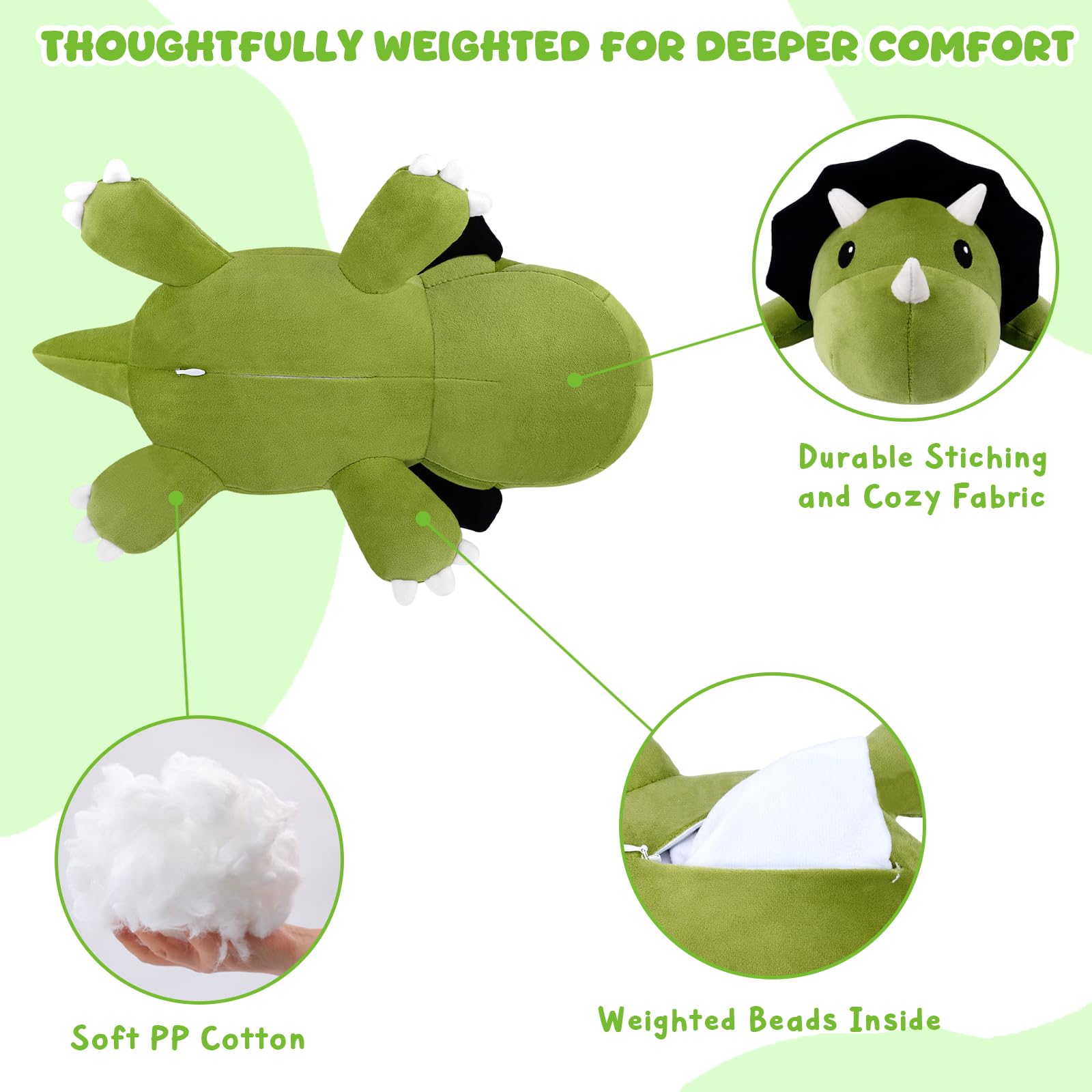 Xfrog Weighted Dinosaur Plush, Soft Weighted Triceratops Stuffed Animals Throw Pillow, Cute Dino Plushie Toys for Kids Adults 35CM - Image 4