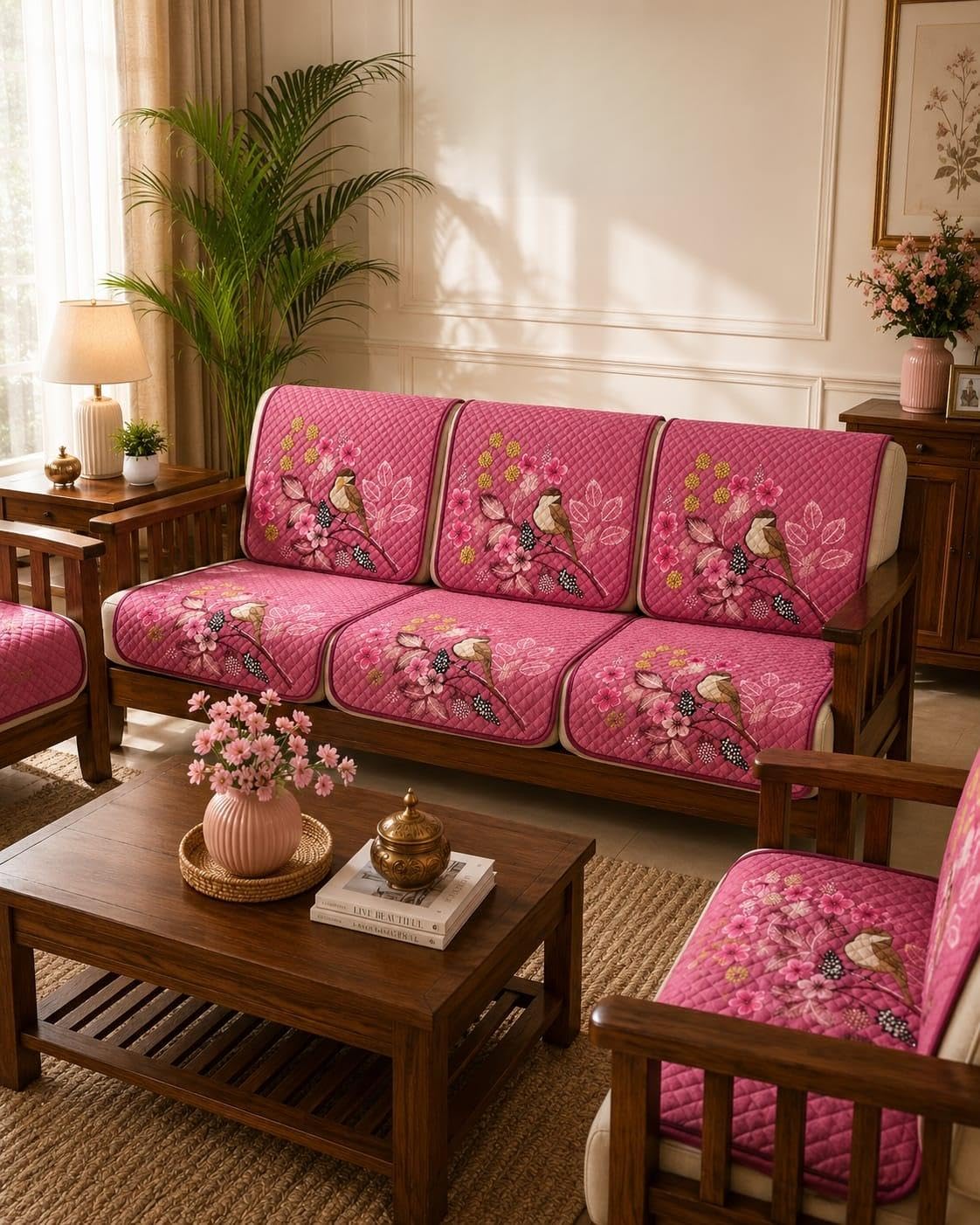 Arman Fabrics 5 Seater Cotton Sofa Cover Set (3+1+1) | Quilted Bird & Floral Print | Washable Furniture Protector | Soft Cotton Blend Sofa Slipcover for Living Room | Pink-image-13