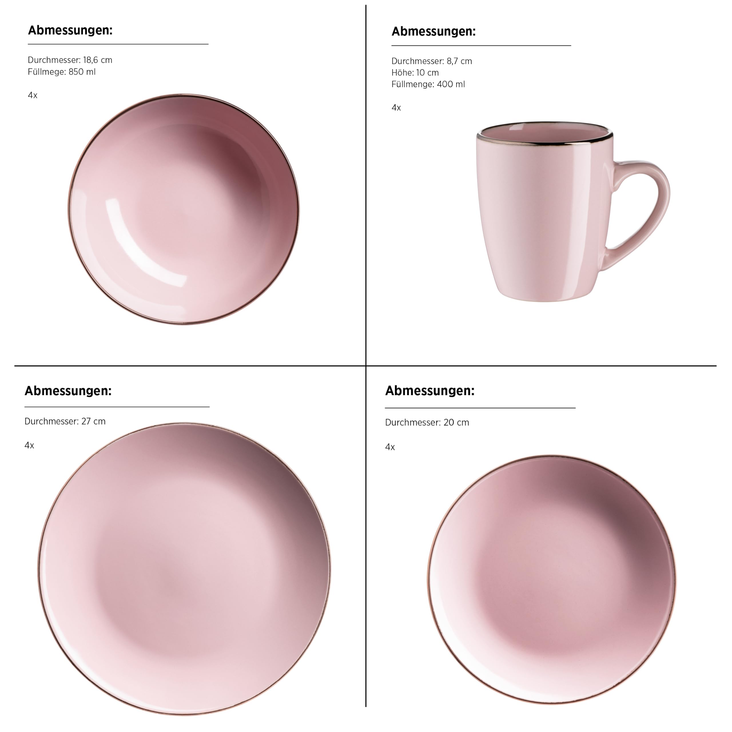MÄSER Kombiservice, Steinzeug METALLIC RIM Rosa, 16-teilig