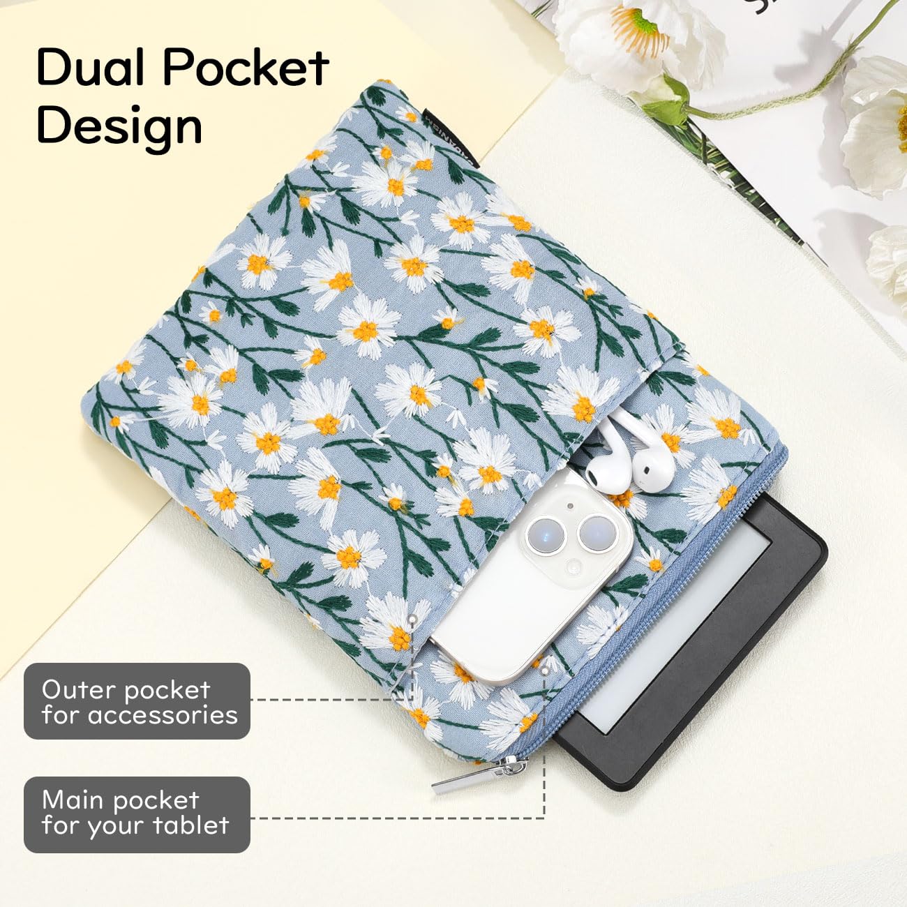 Housse Brodée Dadanism Pour Kindle 6-7 Pouces - Marguerite Blanche, Protection Renforcée, Poche Accessoires