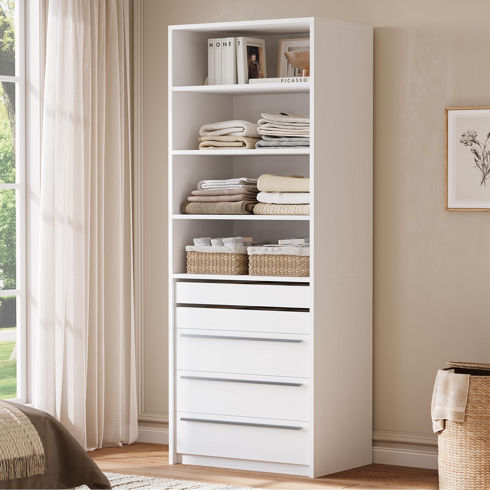 Modular Closet System, Closet Organizer System with 4 Shelves and 5 Drawers, Walk-in Wardrobe Standing Closet System, White