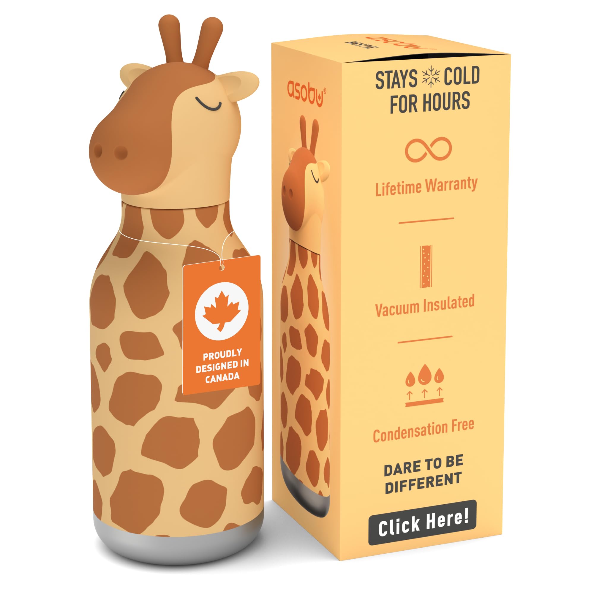 asobu Bestie Giraffe Spots Kids Bottle Insulated Stainless Steel Leakproof Straw 500 ml, 473 ml
