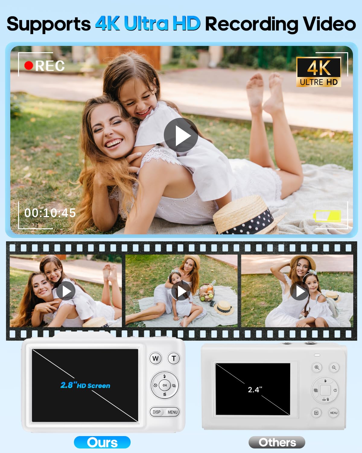 Digital Camera 4K Autofocus Vlogging Camera for Photography with 16X Zoom Anti Shake, 32GB Card, 48MP Compact Portable Point and Shoot Camera for Kids Boys Girls Teens Beginner(White) - 4