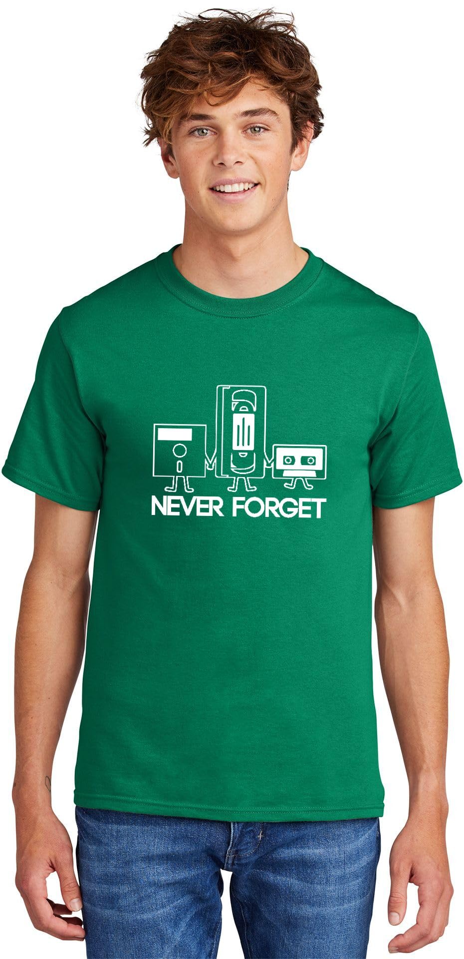 Men's Heavyweight Tee Never Forget Funny Shirt Floppy Disc VHS Cassette Tech Geek Tee Kelly Green XL