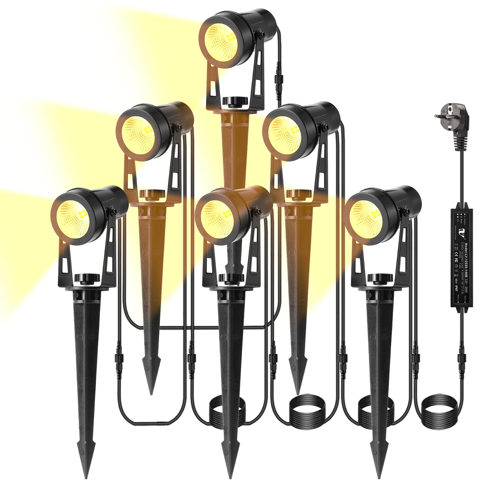 B-right Gartenbeleuchtung led außen, 6er Set Gartenbeleuchtung mit strom, IP65 wasserdicht Gartenstrahler mit erdspieß, Gartenleuchte mit stecker, Warmweiß, Wegbeleuchtung Gartenlampe für Rasen Weg