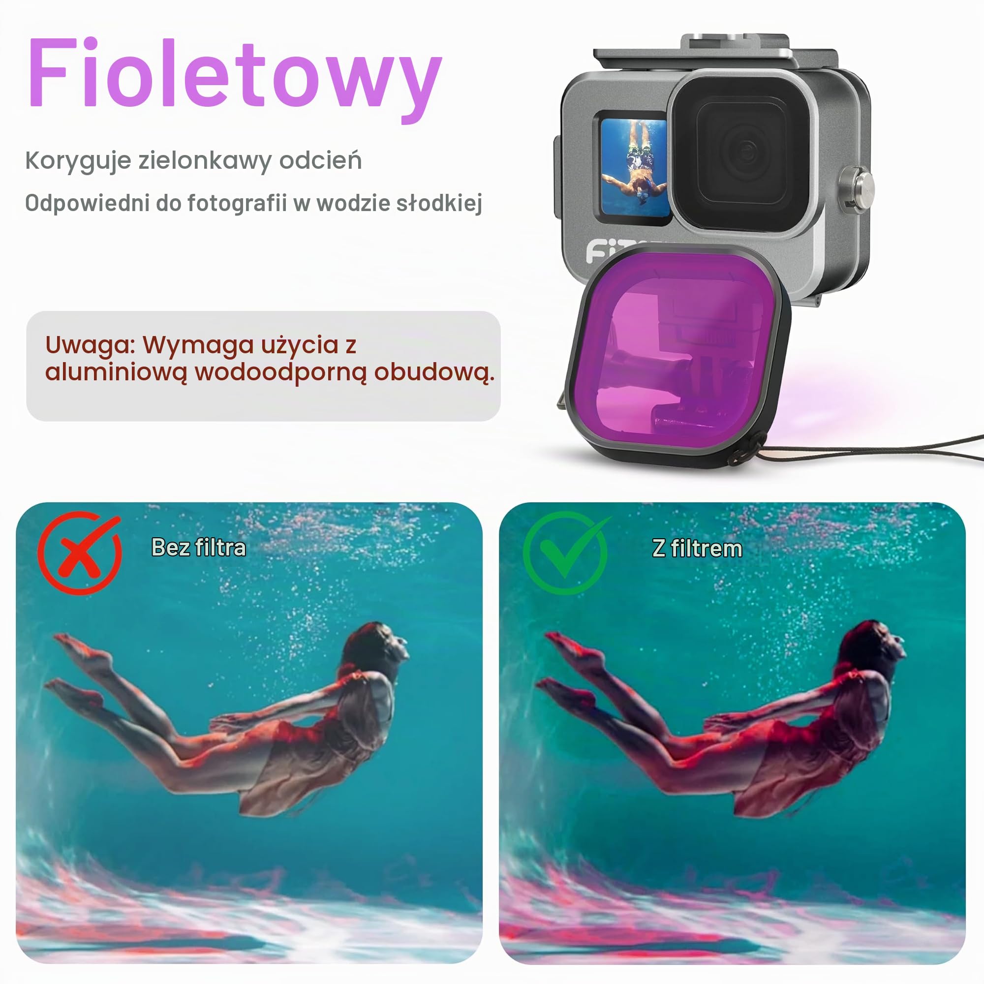 FitStill Wodoodporna obudowa ze stopu aluminium 80 m do Go Pro Hero czarna, z 2 uchwytami na zimną stopkę do nurkowania, filtry Hero13/12/11/10/9 akcesoria