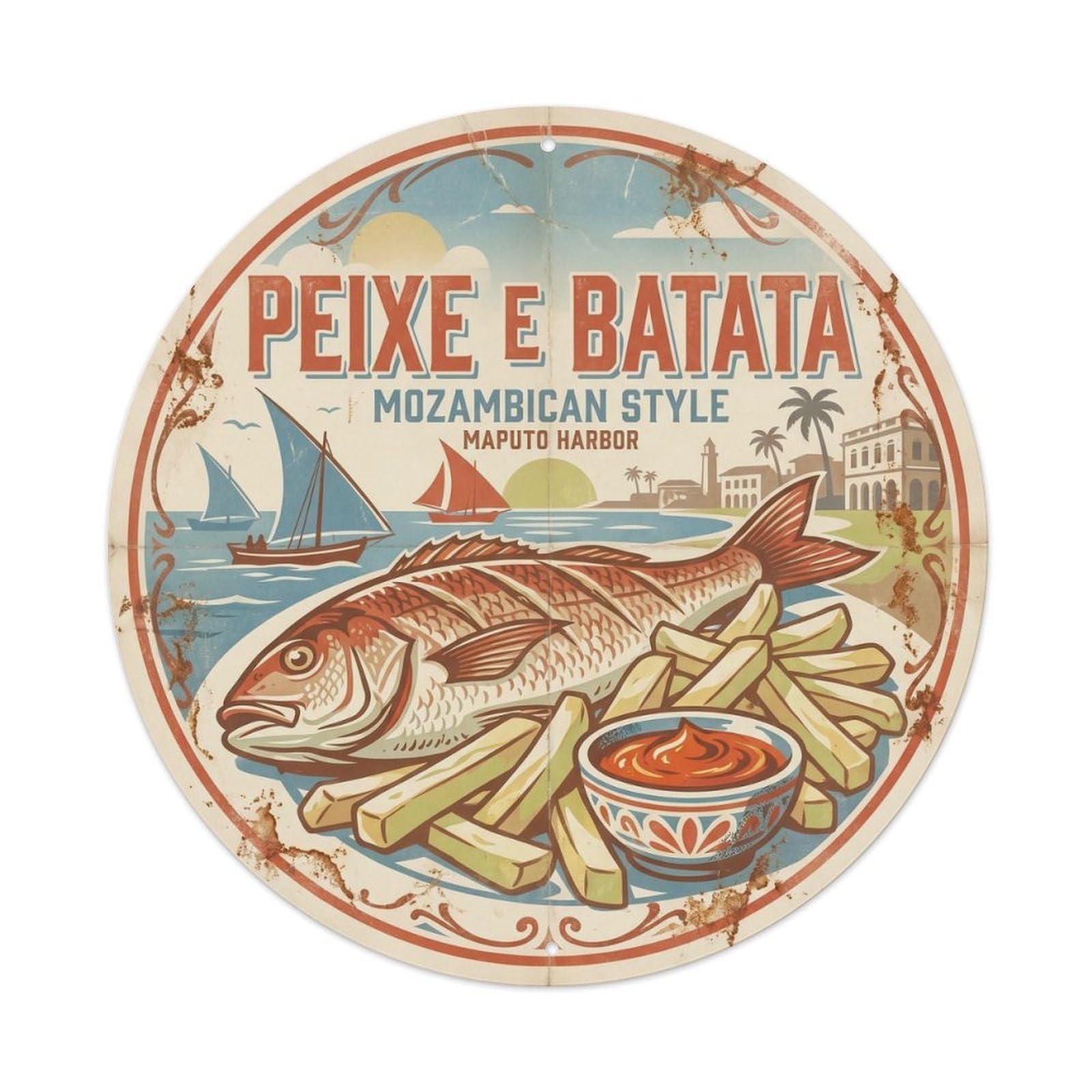Mozambique Fish And Chips Seafood Screenprint Travel Metal Tin Sign