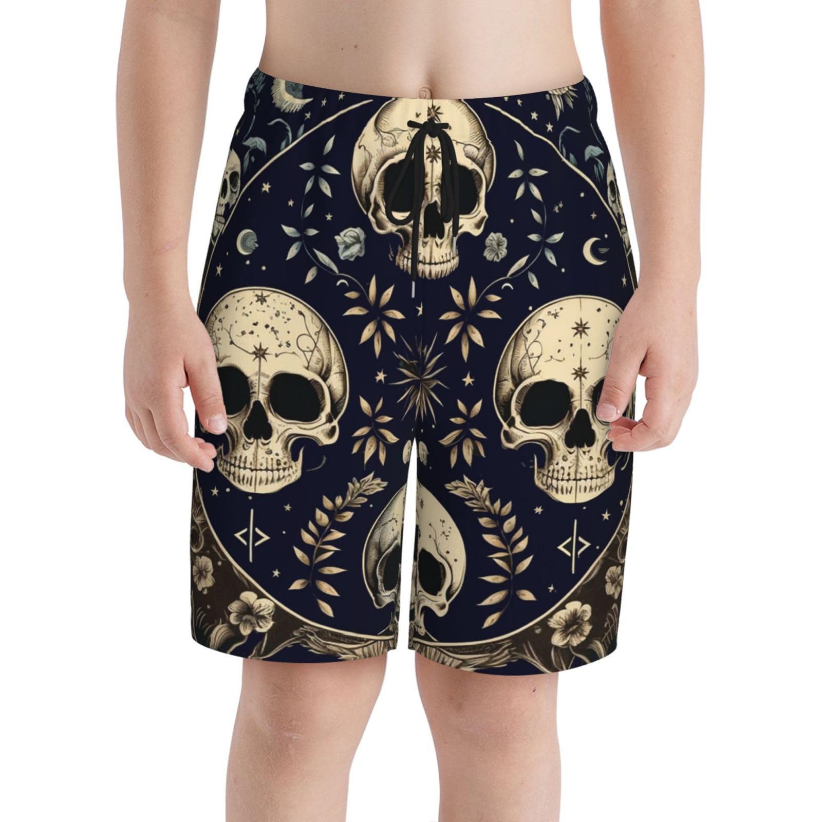 HERRECX Abstract Skull Moon Phases Mystic Vintage Boys Swim Trunks Swim Board for Teen Kid Shorts Surf Swimming Beach Trunks X-Large Black