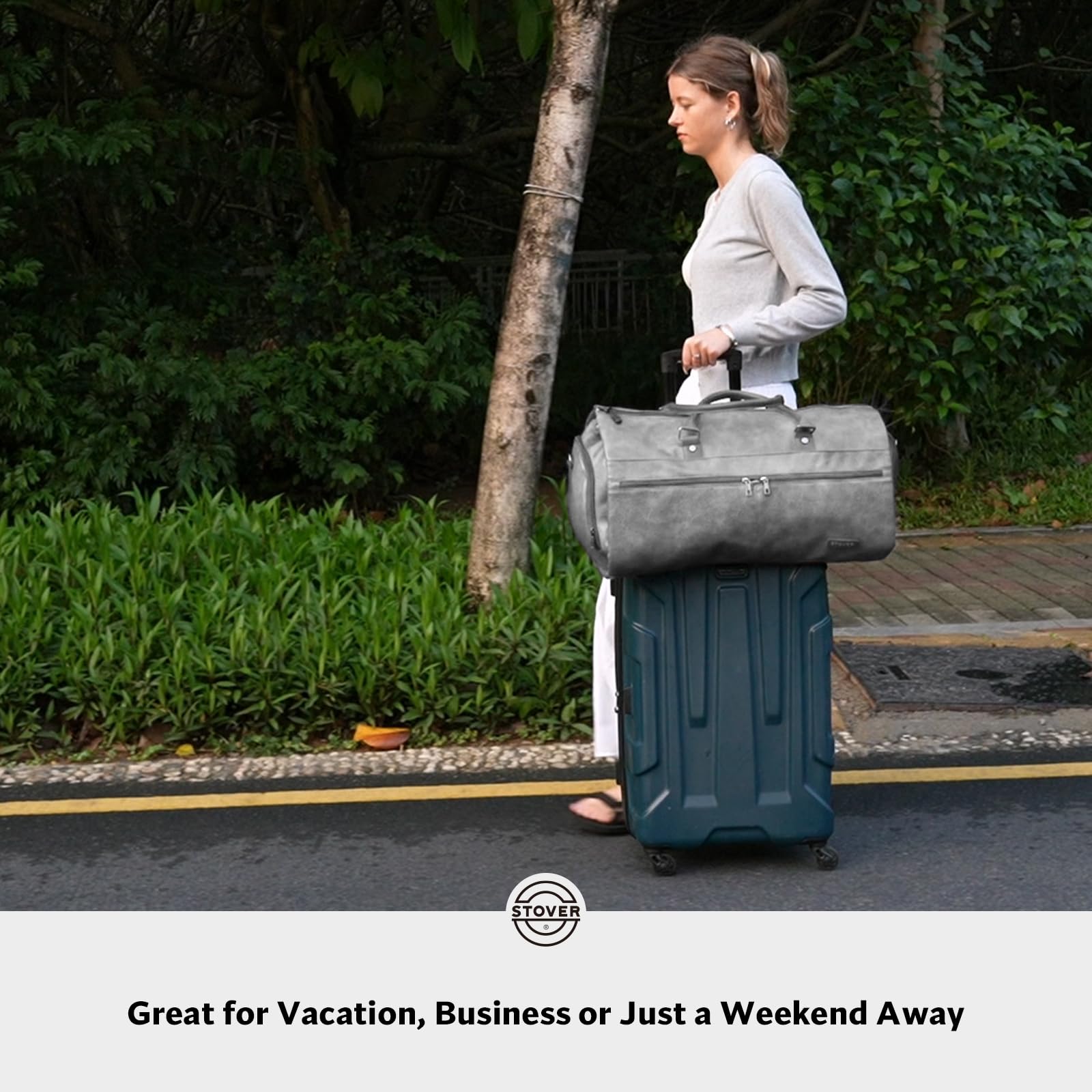 STOVER Bolsa de viaje grande 2 en 1, equipaje de mano convertible para hombres y mujeres, trajes colgantes, vestidos, ropa, compartimento para zapatos, bolsa de fin de semana, Piel sintética - Gris