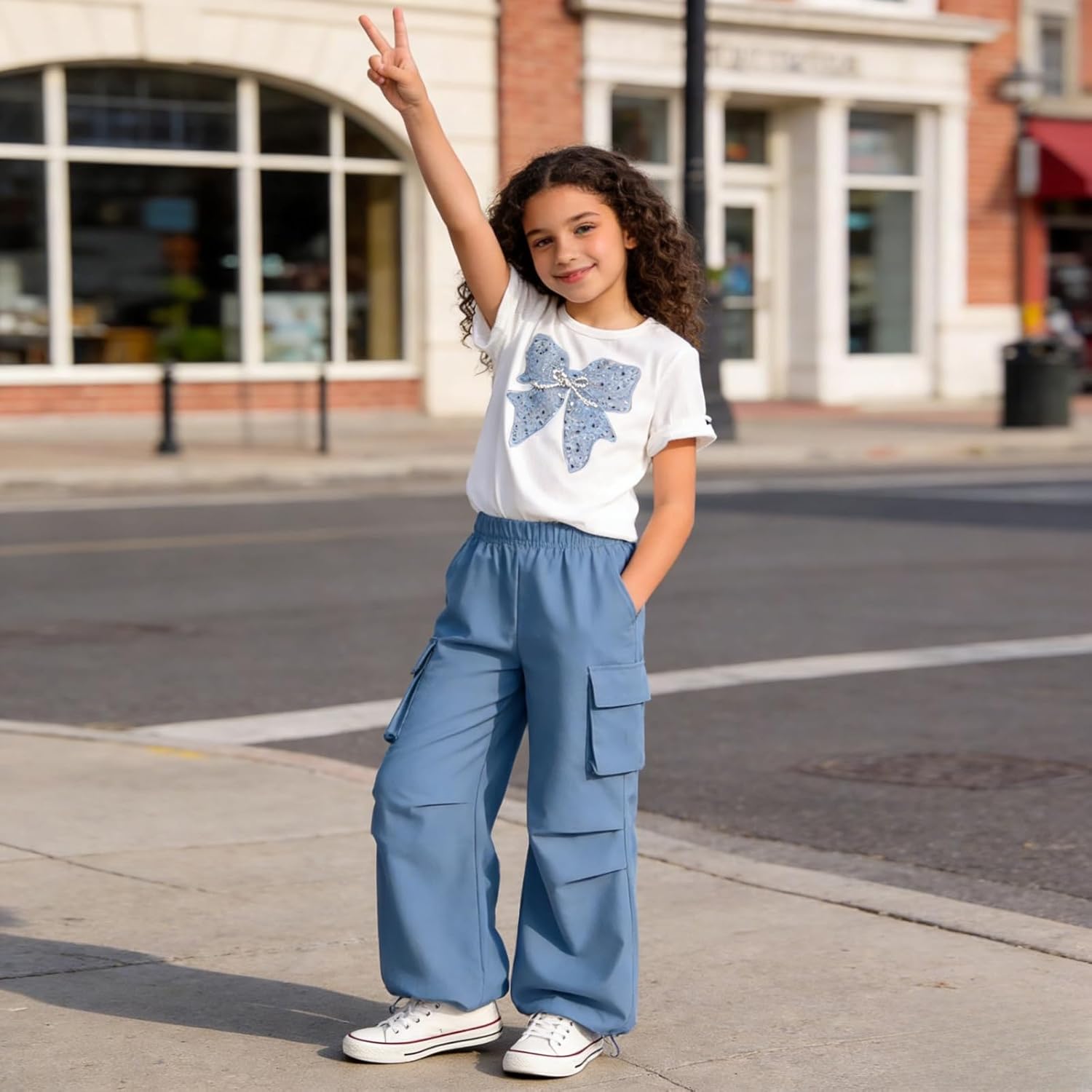 Girls Clothes 2 Piece Cute Butterfly Print T-Shirt Tops & Cargo Pants Spring Summer Outfits Teen Tween Girls 9-14Y Blue 7-8 Years image 2 of 8 B0GKFG5RC3