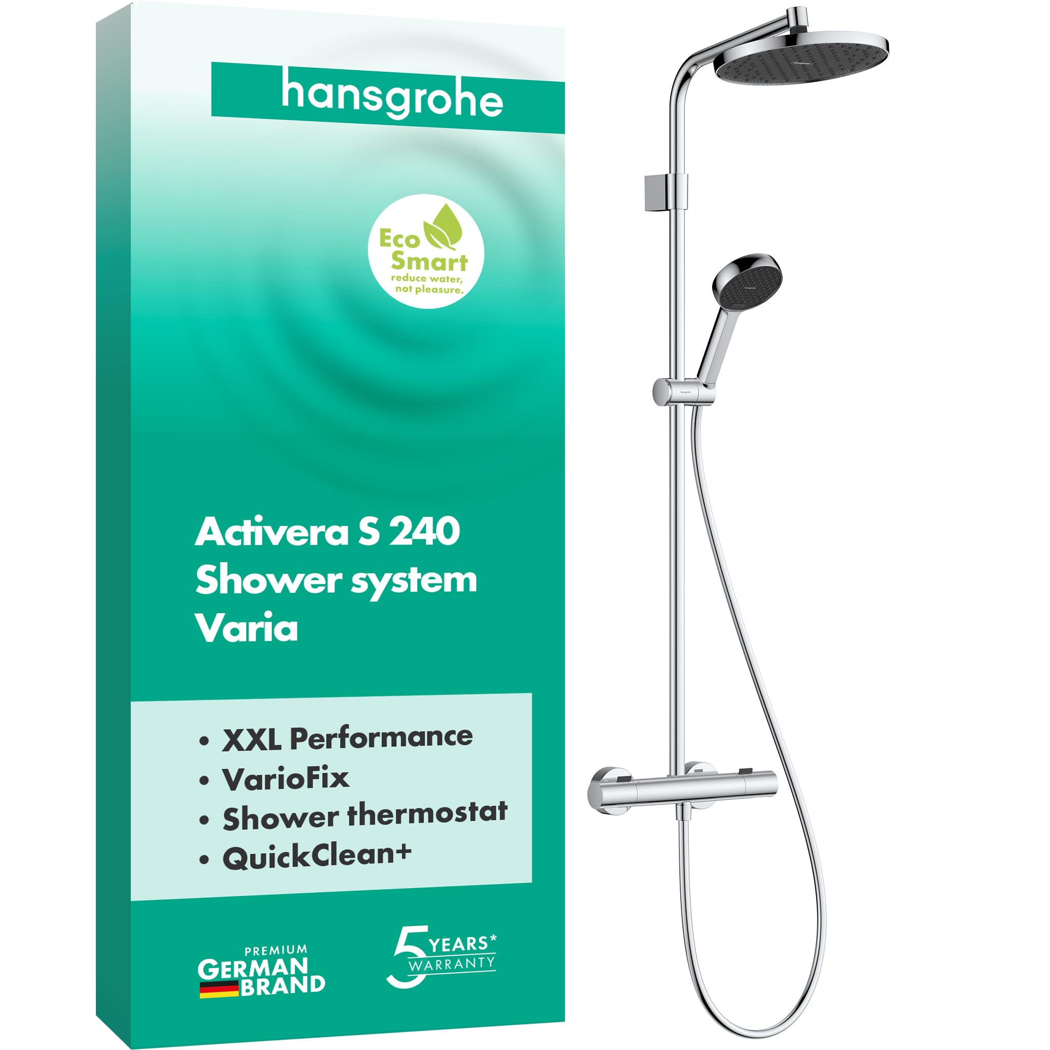 hansgrohe Activera S - wassersparendes Duschsystem (EcoSmart) mit Thermostat, Regendusche (240 mm) mit Armatur, Handbrause (2 Strahlarten), Schlauch, Brausestange und Kopfbrause, Chrom, 28078000