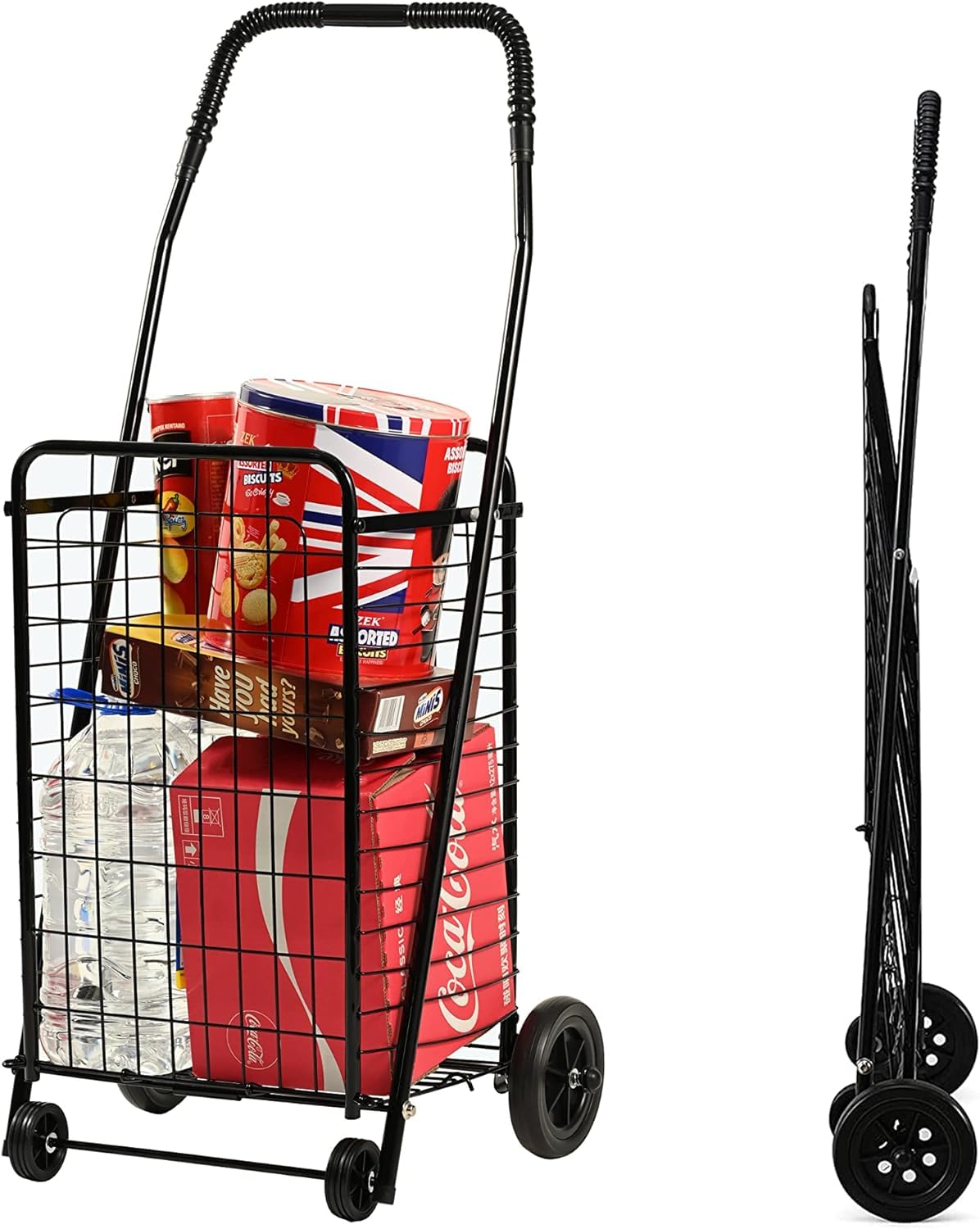 Roll-Motion Folding Shopping Cart, Heavy Duty Grocery Utility Cart with Small Wheels & Large Wheels, Versatile Rolling Cart with 38 Gal Metal Basket for Warehouse, Supermarket (New and Improved)