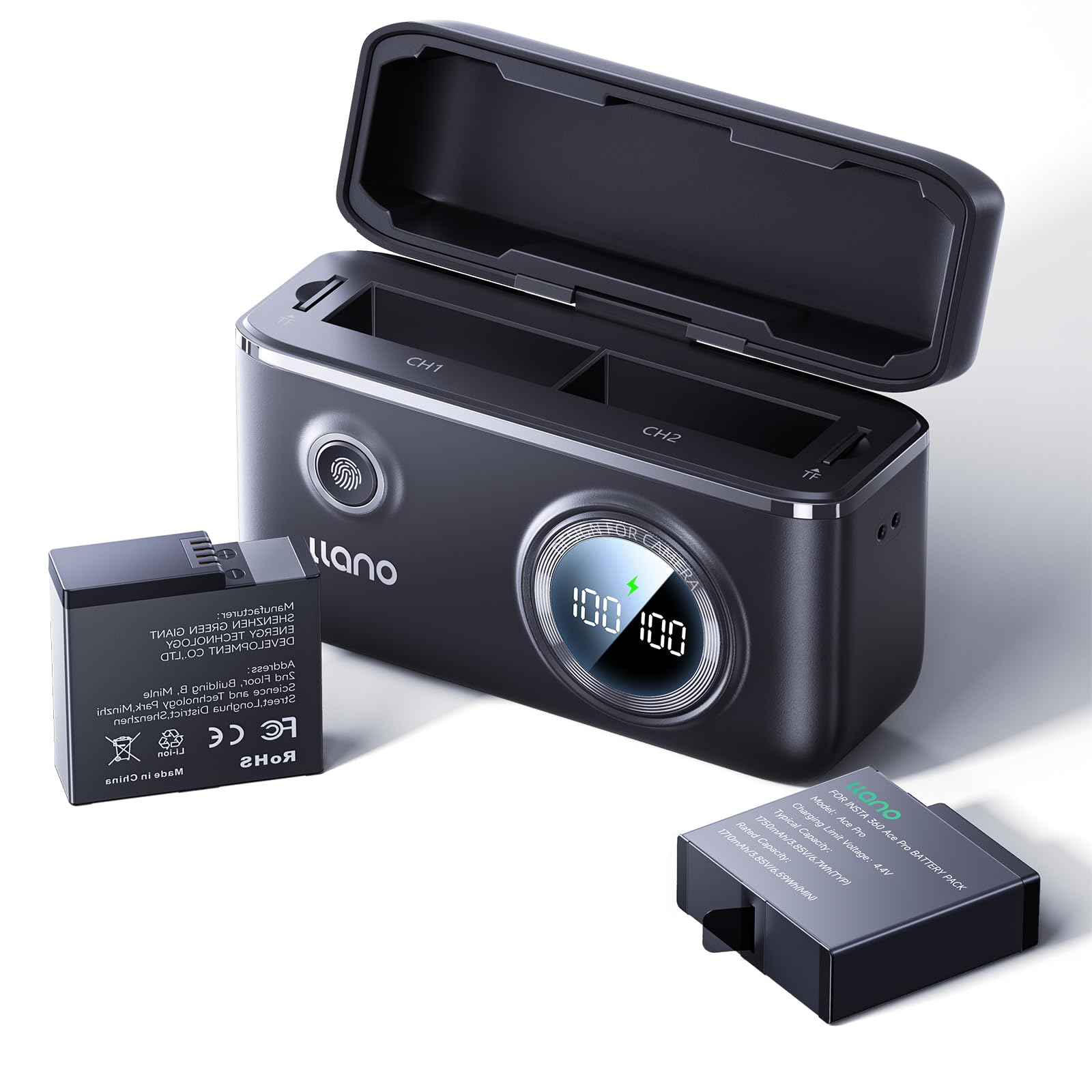 llano Ładowarka do kamery Insta360 Ace Pro 2 / Ace Pro/Ace Action, 2 x akumulatory 1750 mAh i szybka podwójna ładowarka 18 W