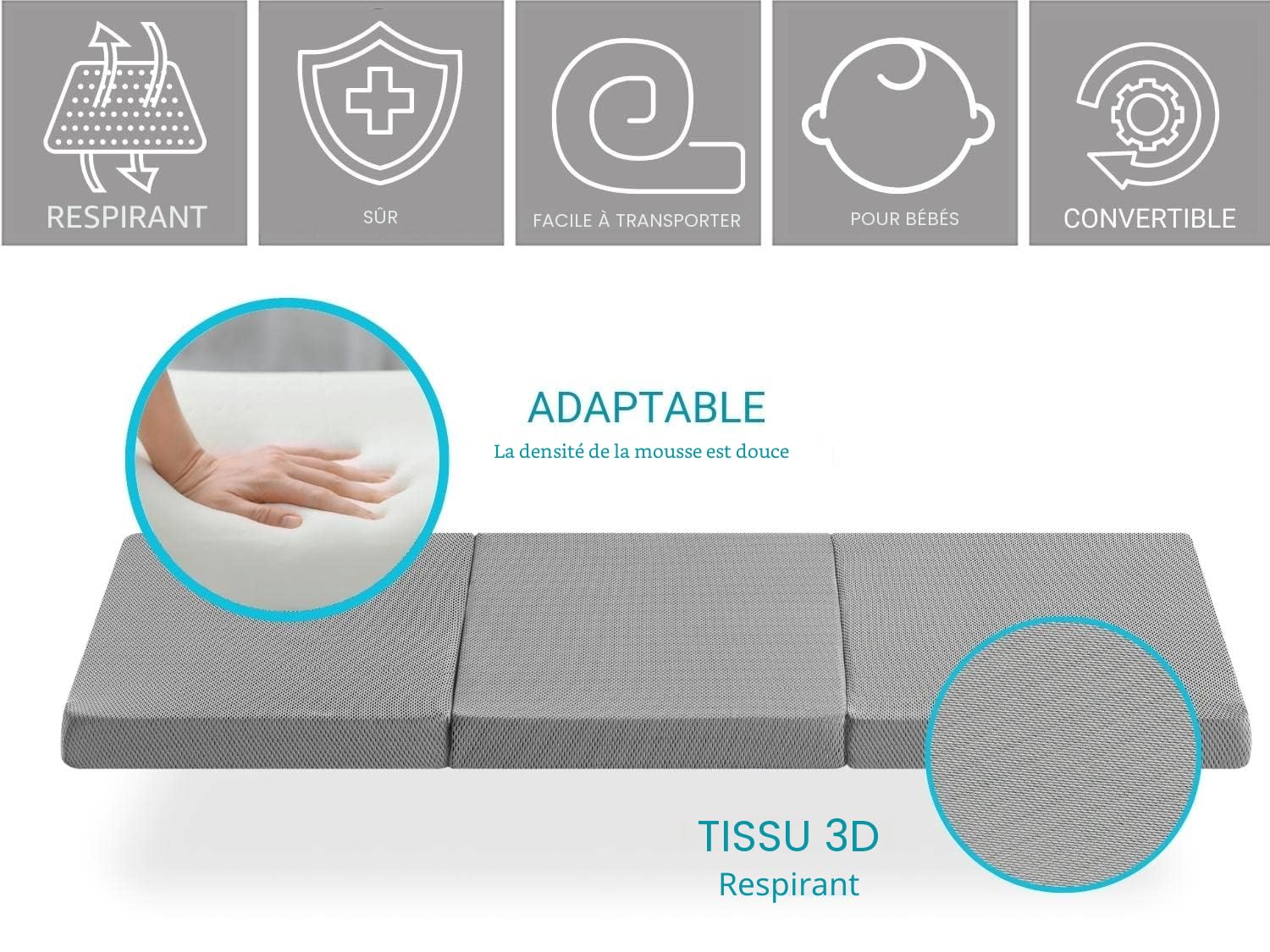DREAMDI Matelas Pliant pour lit de Voyage 120x60 cm, Matelas en Mousse, épaisseur 5 cm, Pliable, Matelas de Parc pour Berceau, 3 pièces…
