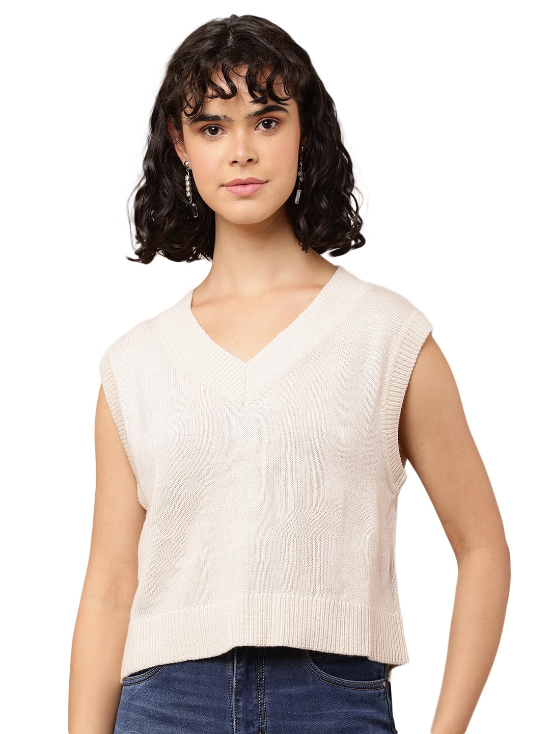 nobarr Women's Acrylic Sleeveless with V-Neck Light Cream Solid Sweater Vest-picture-26