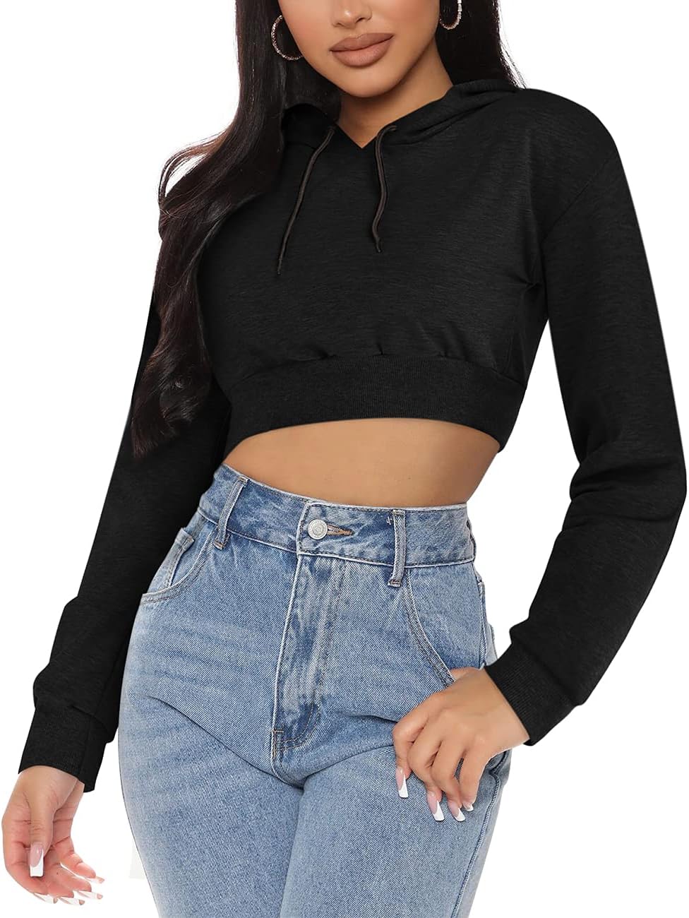 Cuihur Women's Casual Hoodies Sweatshirt Long Sleeve Crop Tops Hoodie Pullover Top Black 2XL