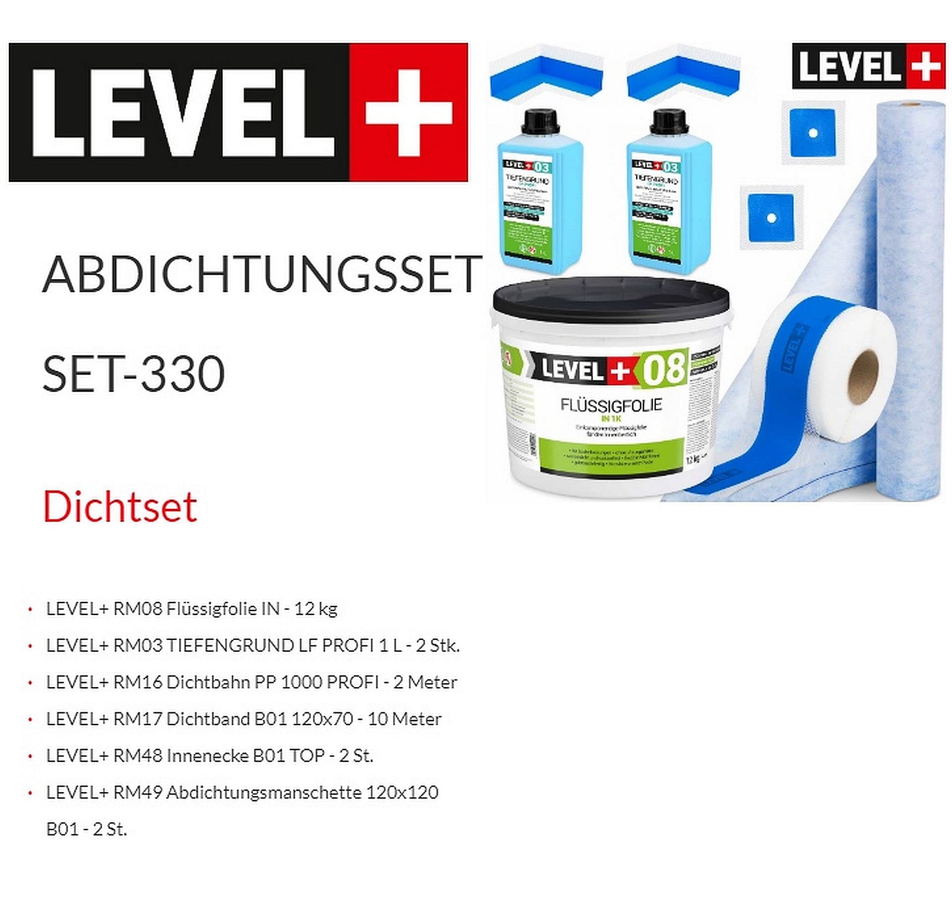 Dicht-Set 12Kg Flüssigfolie, 2m Dichtbahn, 10m Dichtband, 2 Innenecken, 2 Wandmanschetten, 2L Tiefengrund, Dusche, Bad, Küche SET330