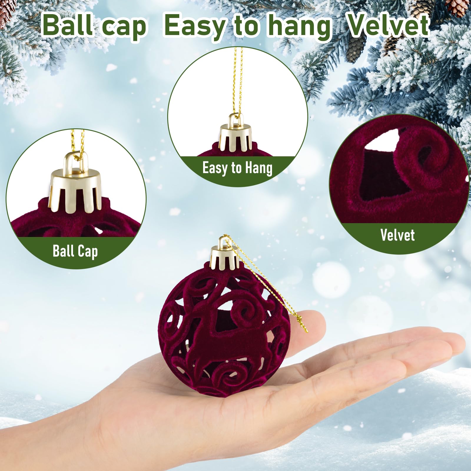 40 Pièces Boule de Noel Bordeaux Velour Boules de Noël Floquées Incassables pour Décoration Sapin de Noel,Christmas Ornaments