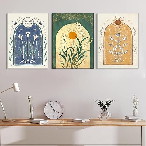 Miniatura 2 de WARTHZ Póster vintage bohemio de luna y sol, arte de pared de astrología espiritual, lirio de los valles, póster abstracto, místico, folclórico,