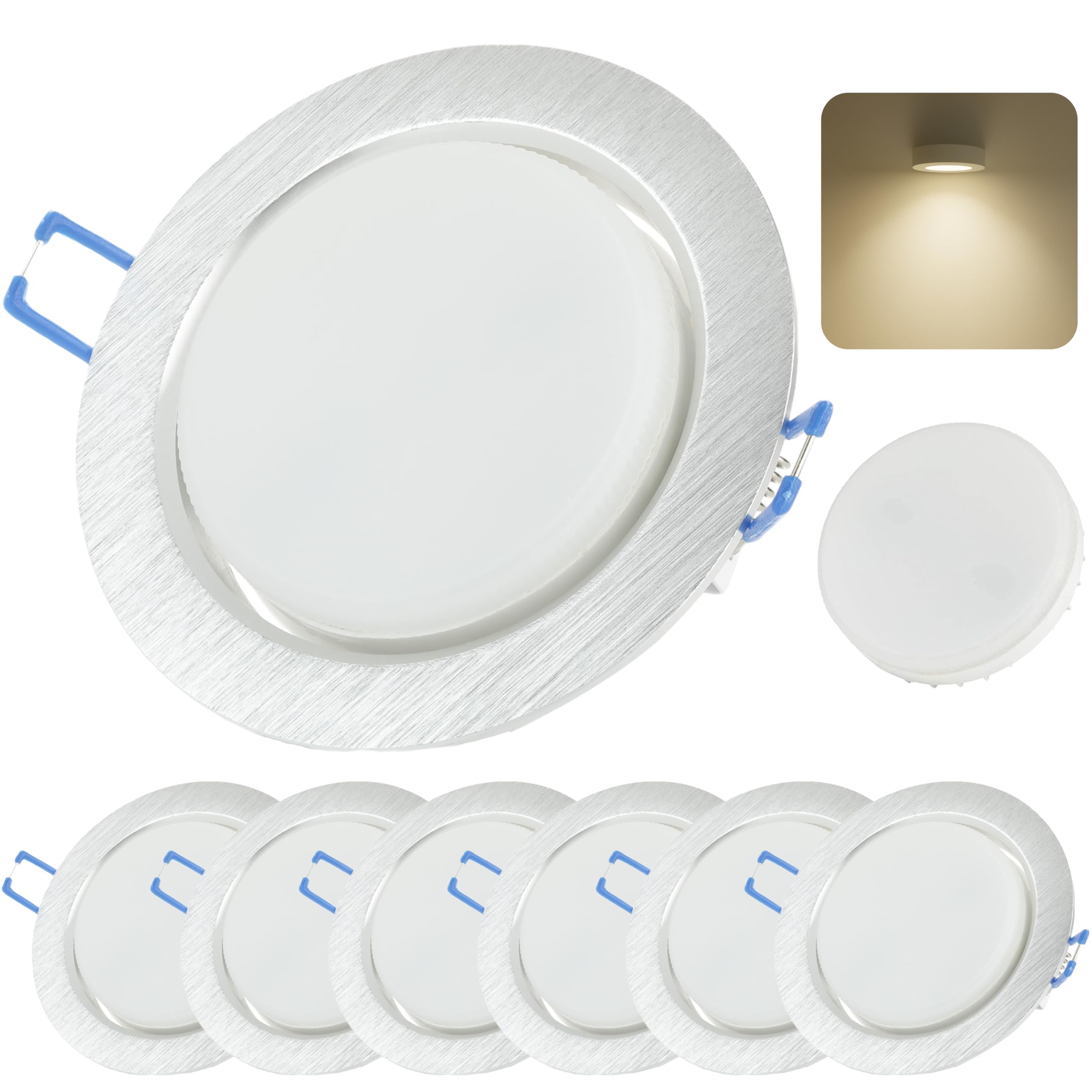 6x LED Einbaustrahler Flach 8,2W GX53 – 750 Lumen, Deckenstrahler 4000K Neutralweiß – 95mm Lochmaß, 108mm Außenmaß – Deckenspots alu-gebürstet – Ultra Slim Deckenleuchte
