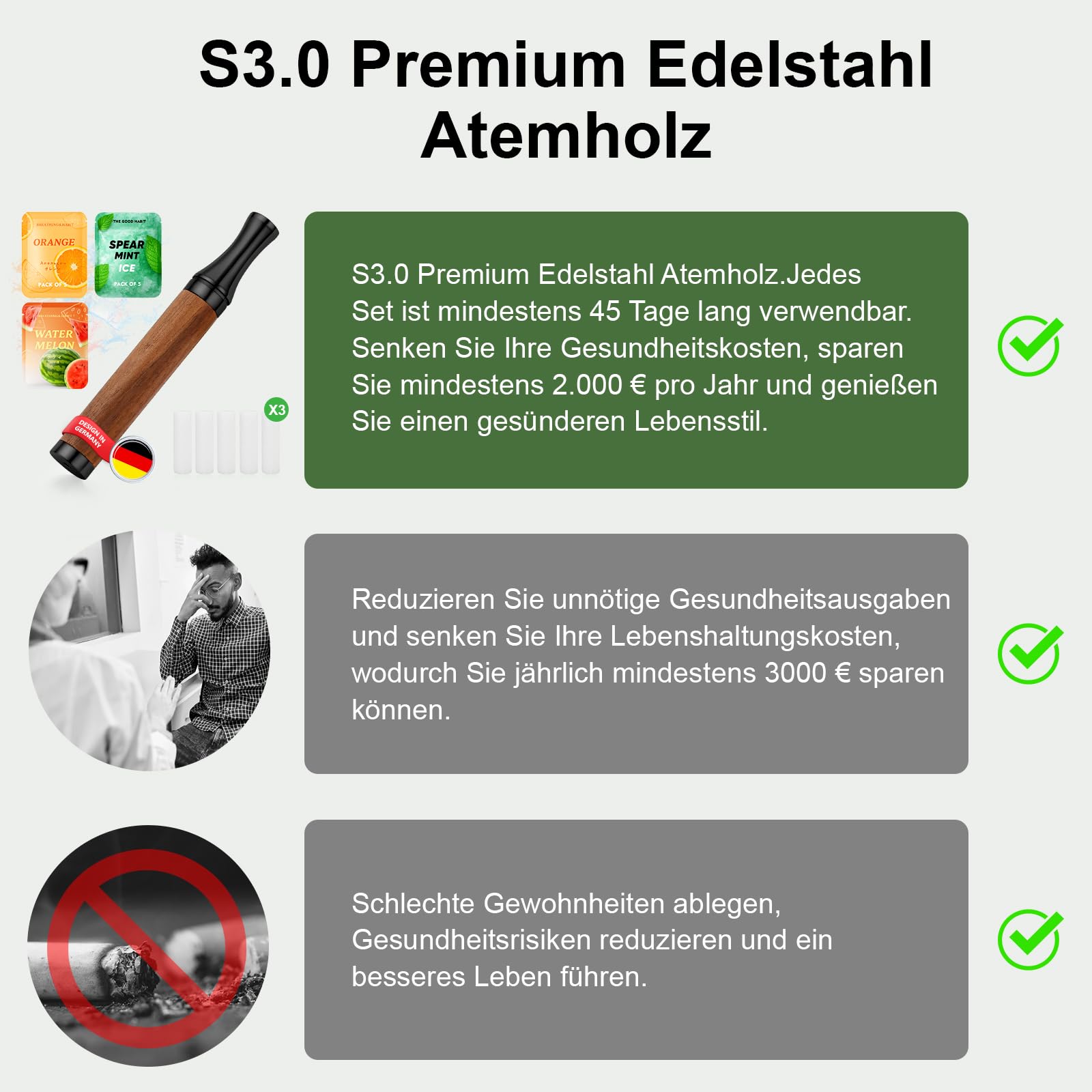 J.Fée S3.0 Rauchentwöhnung Hilfsmittel Wooden Stainless Steel Handheld Mit 15 Filtern mit Fruchtgeschmack,(Peppermint, Sweet Orange, Watermelon)Alternatives et aides sans nicotine-Atemtraining Schwarz