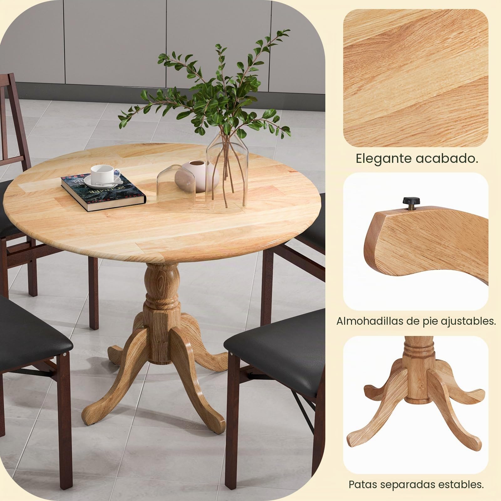 GIANTEX Mesa de Comedor Redonda 100 cm, Mesa de Cocina de Madera de Caucho para 4 Personas, Base de Pedestal, Estilo Rústico, para Restaurante, Cafetería (Natural)