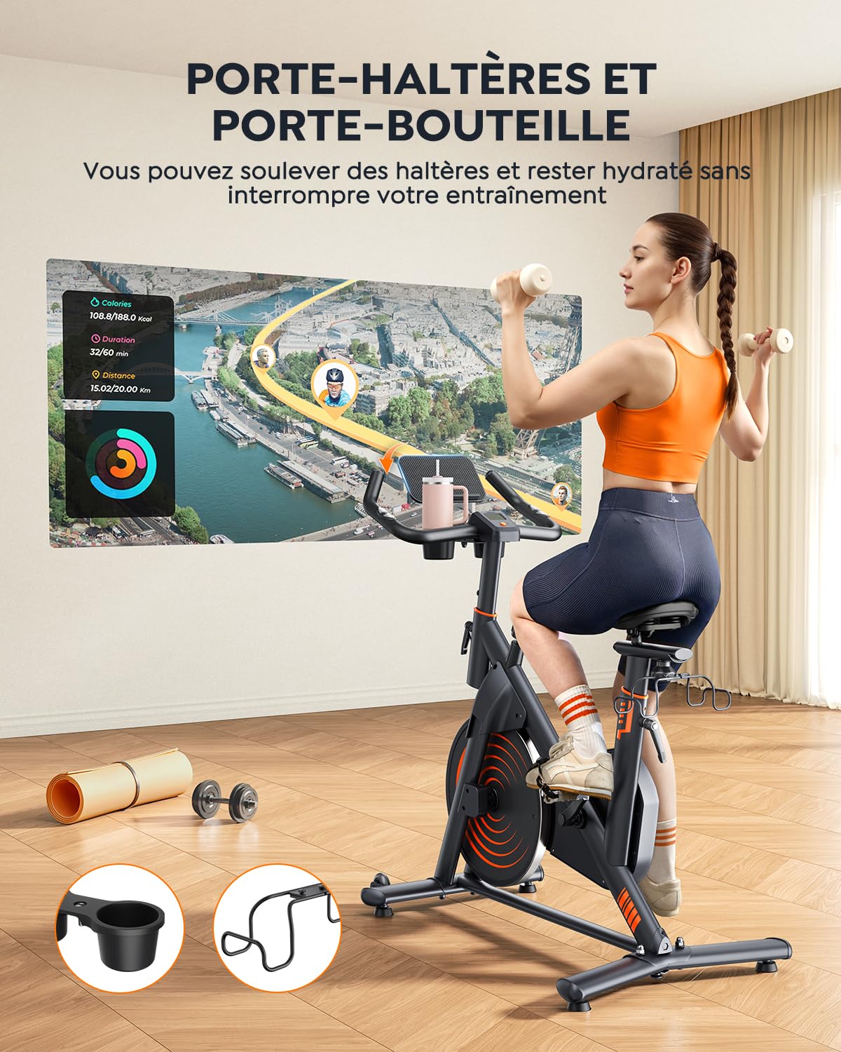 Vélo d'Appartement Connecté APP Ultra-Silencieux, Résistance Magnétique, Volant d'Inertie 15 KG, Capacité 160KG, Écran LCD Fréquence Cardiaque