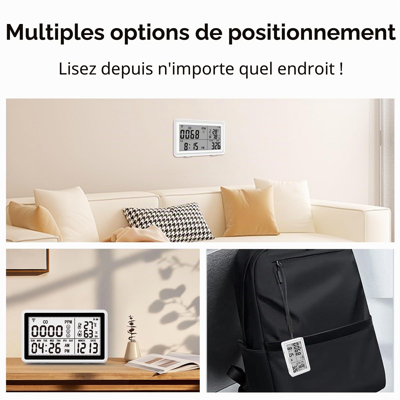 Détecteur Portable 3 en 1 Monoxyde Carbone,Température Humidité Tuya WiFi,Hygromètre Thermomètre Numériques Sans fil,Moniteur Température D'humidité,Détecteur D'alarme à Capteur CO pour la Maison,Cave
