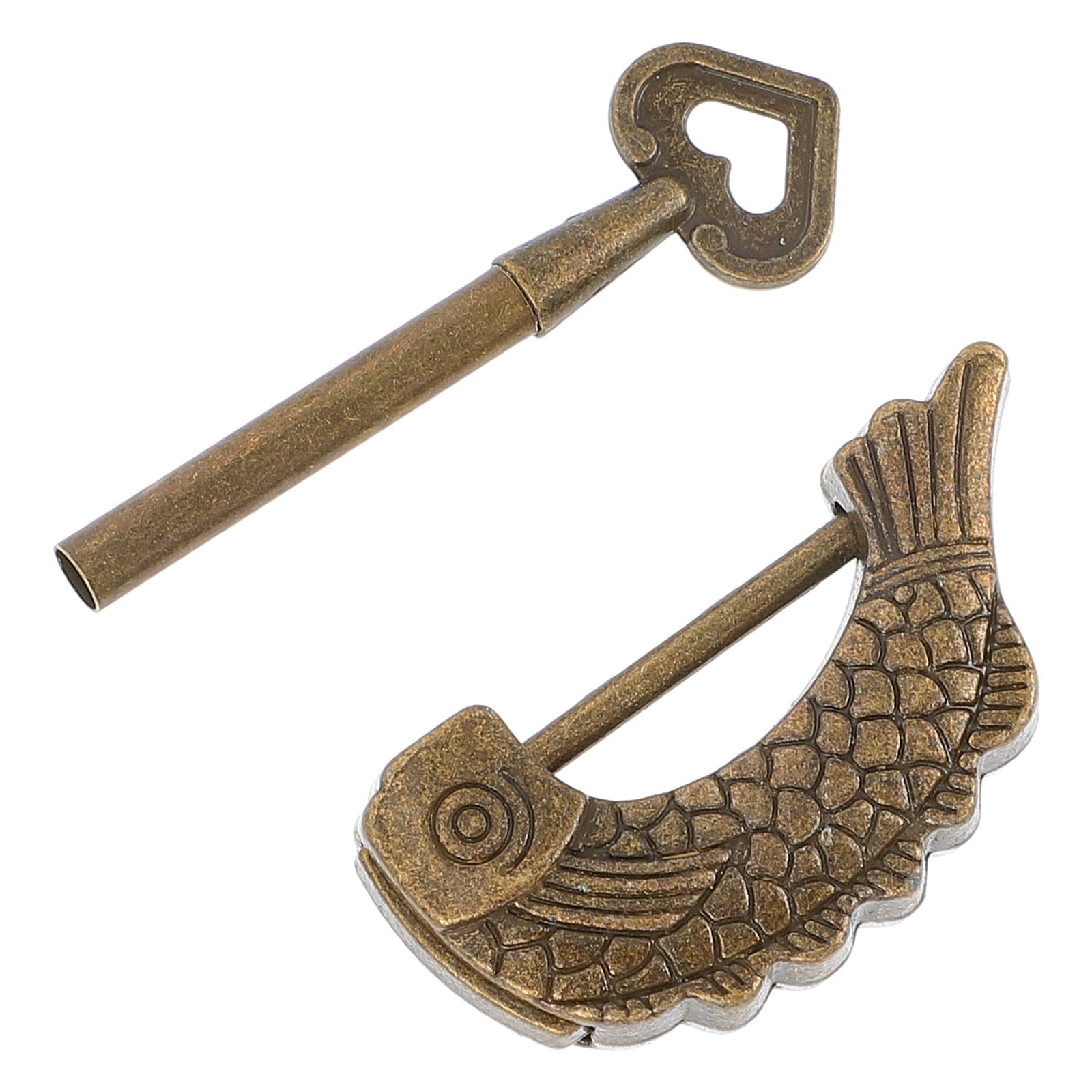 Mini Vintage Padlock Fish Shape Retro Suitcase Lock with Key Old Style Copper Padlock for Antique Furniture and Travel Cases