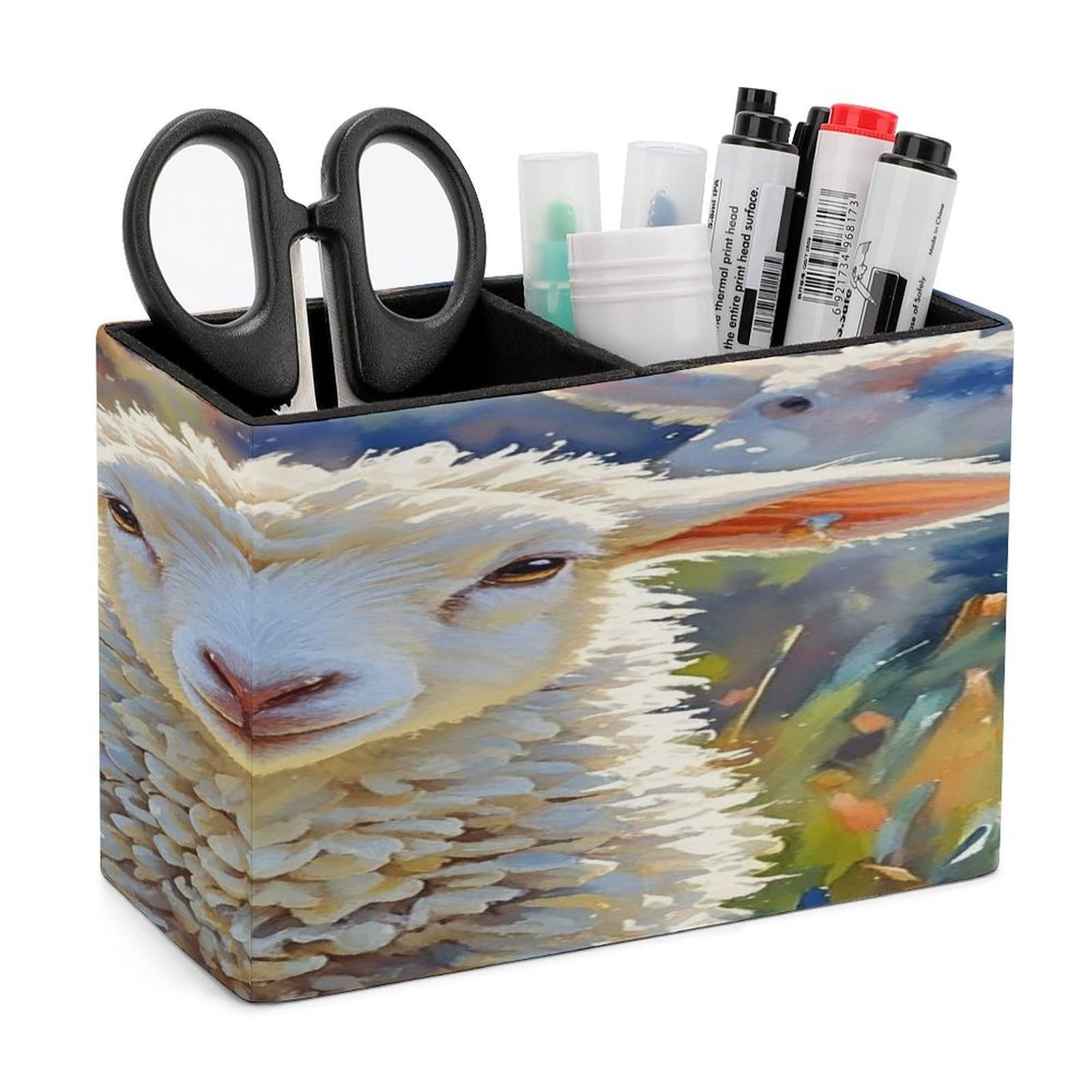 LZQPOEAS Color Sheep Leather Pen Holder with 2 Compartments Luxury Pencil Holder Minimalist Pencil Cup Brush Scissor Holders Elegant Pen Cup for Office Home Desk Accessories