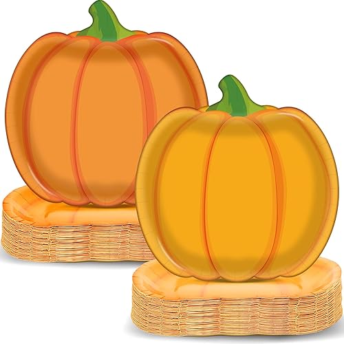 50 platos de papel de calabaza, platos desechables de calabaza de otoño, platos de cena de otoño, cosecha de Acción de Gracias, platos de vajilla