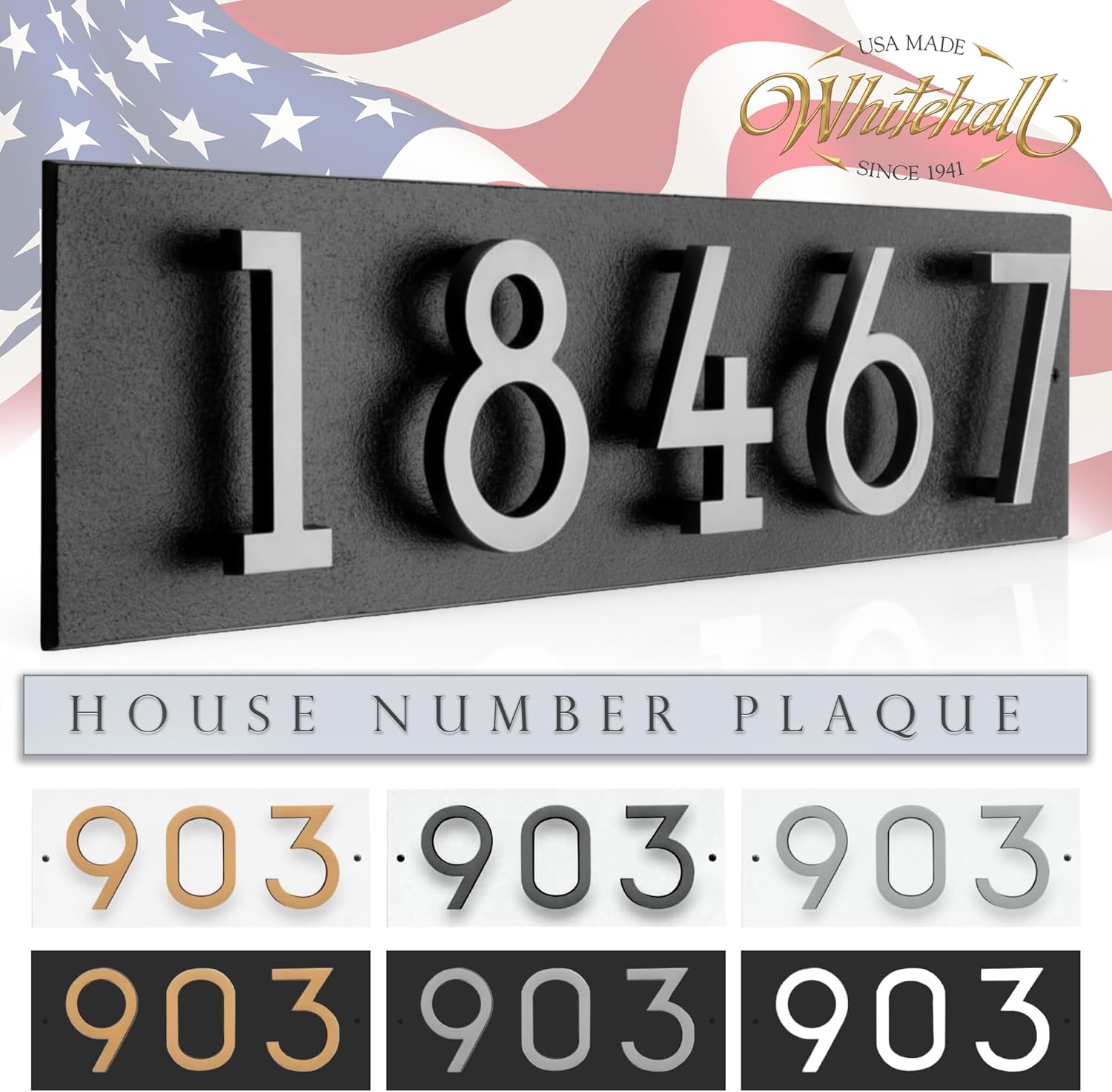 Whitehall Floating Number Address Plaque – Standoff 4.5 Inch House Number Sign, Horizontal Wall Mount Plate – Ideal for Home, Mailbox, Street, Driveway, & Lawn – Black