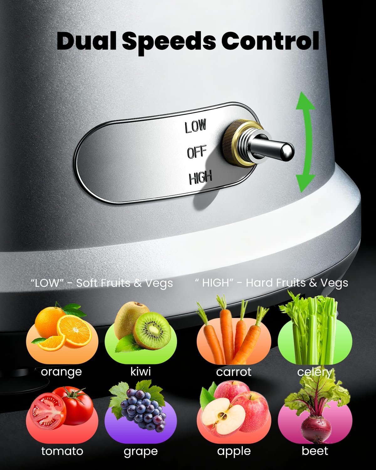 GDOR Centrifugeuse puissante de 1200 W de 2 L avec grande ouverture de 81 mm de large, machine à jus de fruits et légumes entiers, facile à nettoyer, moteur en cuivre, brosse anti-goutte incluse