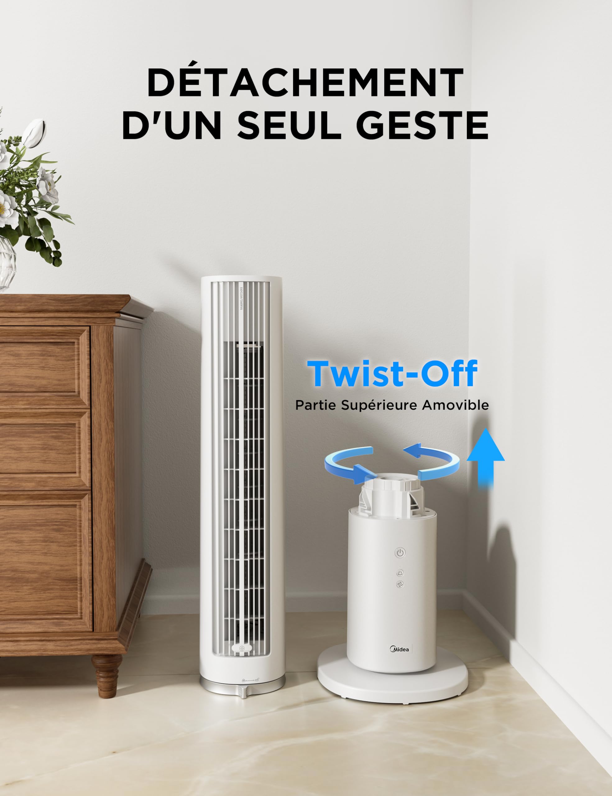 Midea Ventilateur Tour Blanc 103cm pour Chambre, Refroidissement Puissant 9m/s, Omni-Télécommande, Oscillation 90° avec Design Innovant Détachable et Lavable, 4 Vitesses, Minuterie 7H, 28 dB