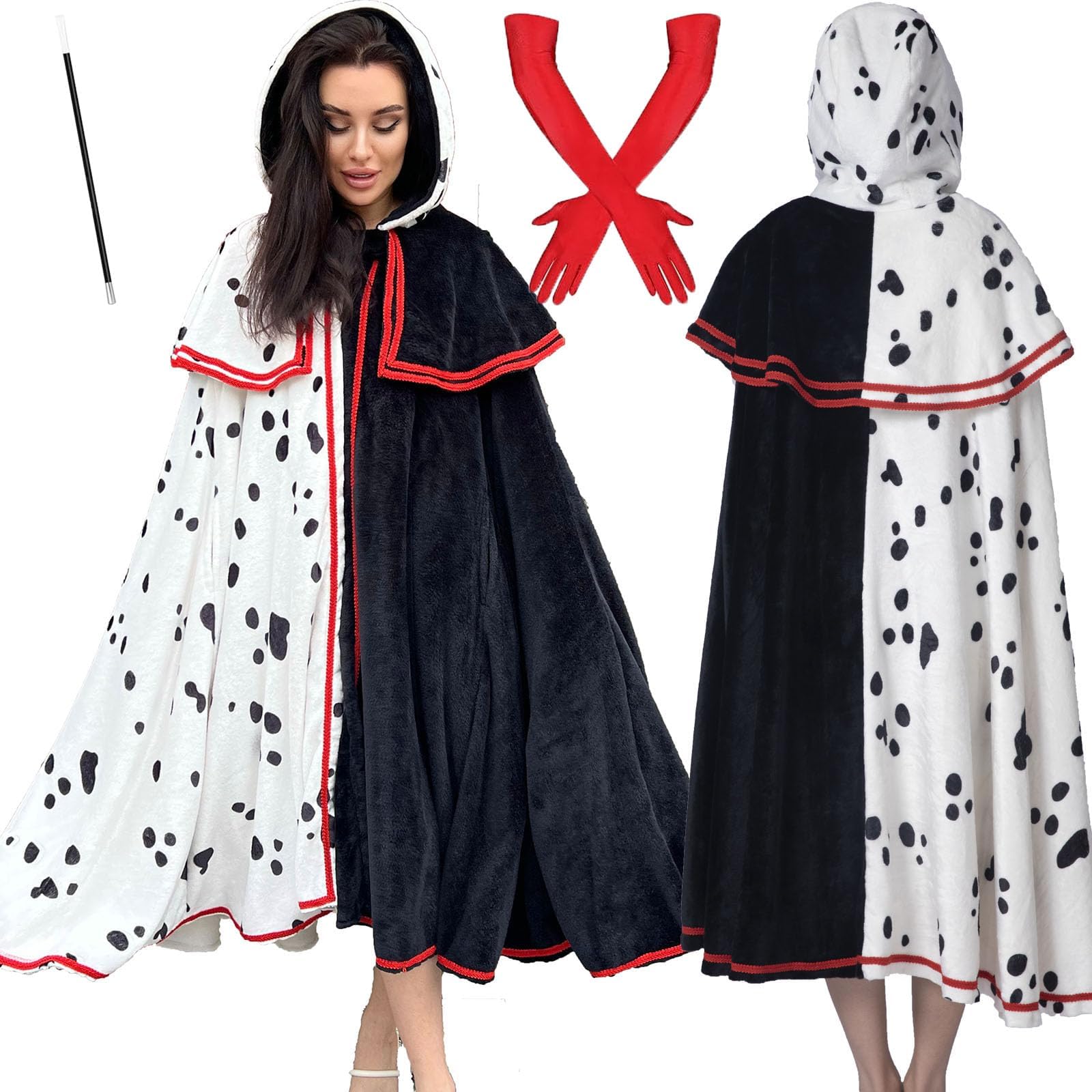 MAISUIZI Cruella Deville Costume Adult Black White Cruella Deville Cape Dalmatians Costumes Adult with Red Gloves M