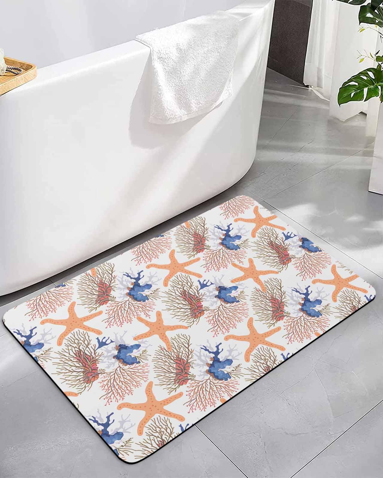 Bath Rugs Bathroom Rug Summer Ocean Starfish Coral Absorbent Diatomaceous Earth Bath Mat Quick Drying Non-Slip Washable Shower