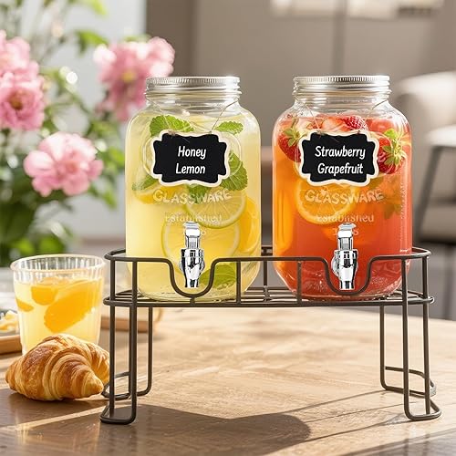 Miniatura 7 de DHSBTLS Dispensadores de bebidas de vidrio de 1 galón, paquete de 2 dispensadores de bebidas transparentes para fiestas, barbacoa y picnic,