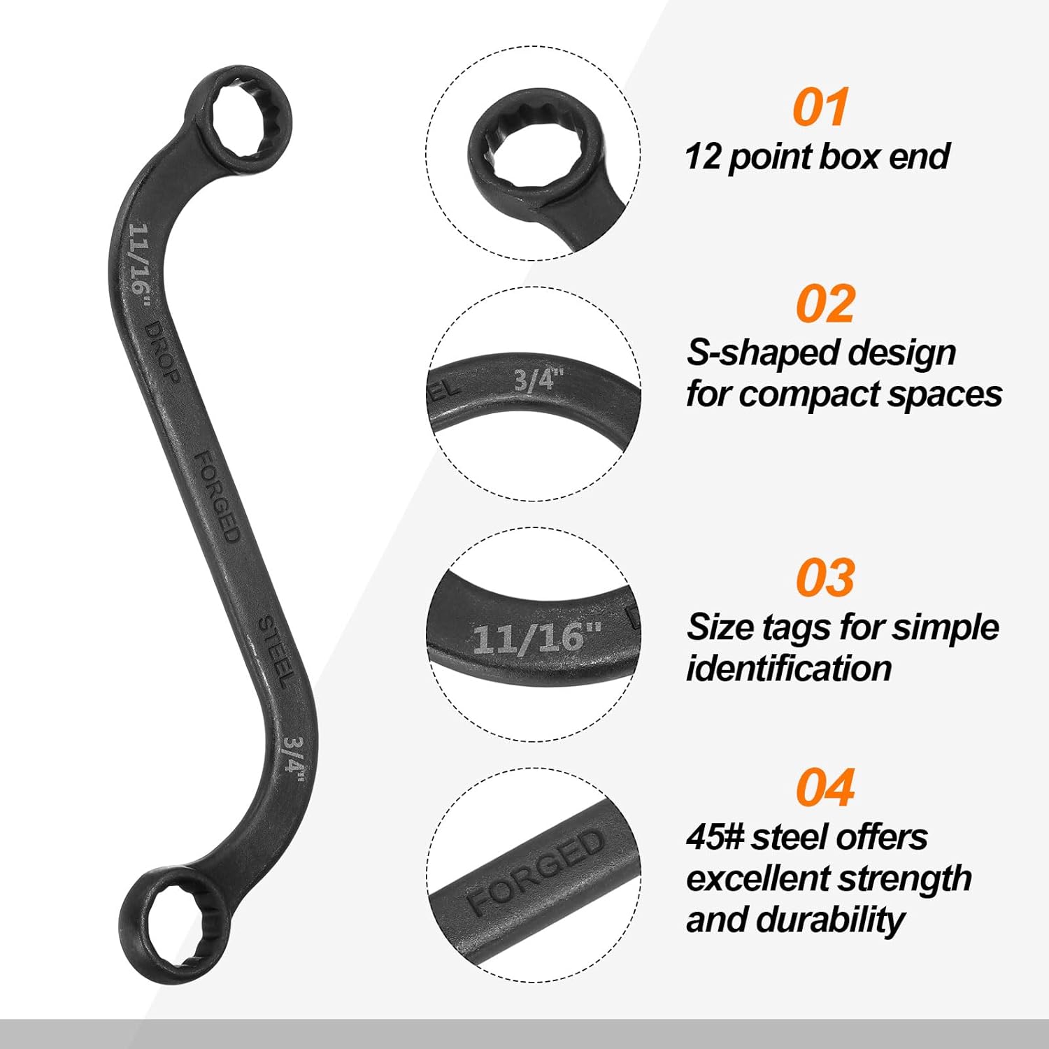 uxcell 11/16" x 3/4" 12-Points S-Style Box Wrench Double End S Shaped Wrench Sandblasted Nickel Plated Alloy Steel S Box Wrenches for Home Auto Bike Machine Repair