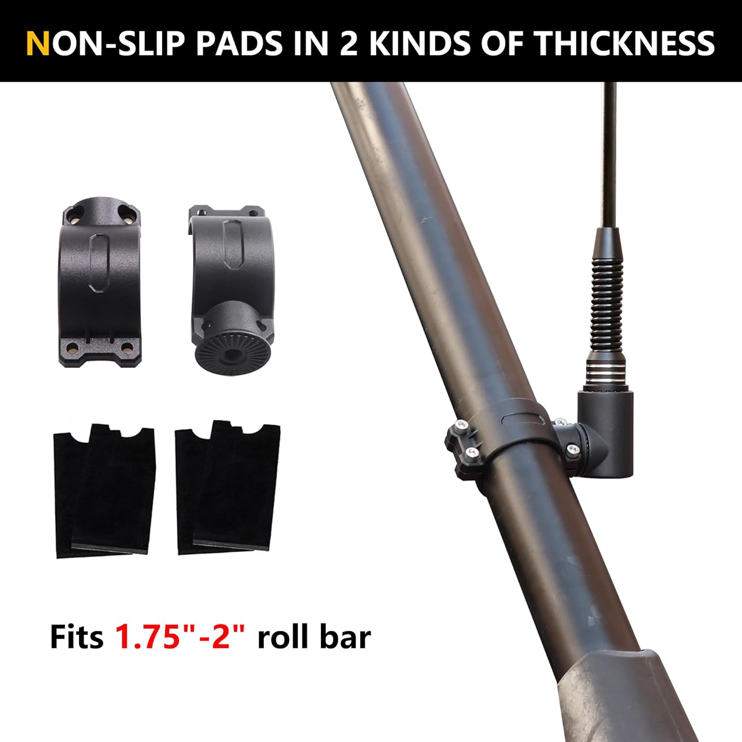 UTV Flag Pole Holder Mount ATV US Whip Flag Mount 1.75"-2" Roll Bar Flag with Pole and Mount Bracket for Polaris RZR Ranger General Can Am 360° Adjustable Aluminum Black Upgraded