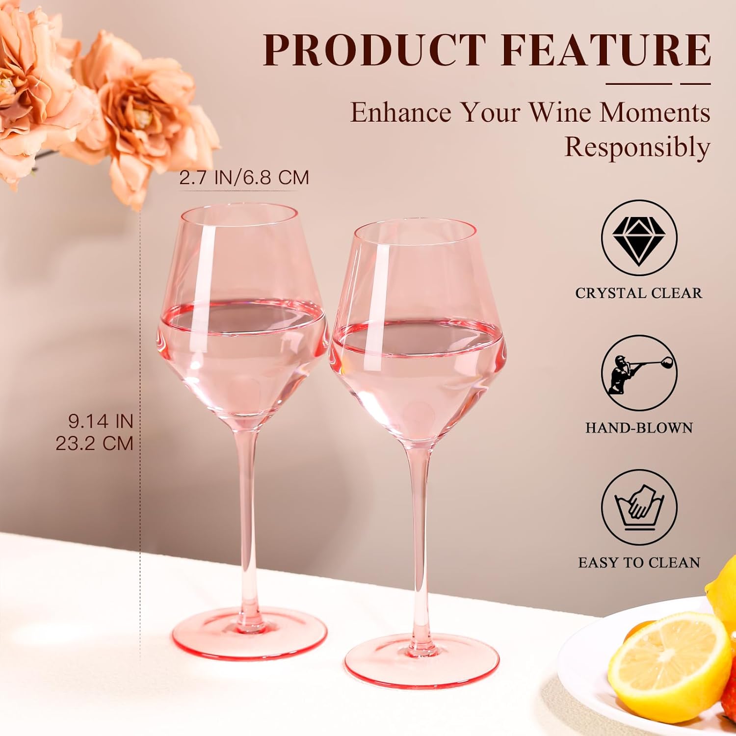 Pink Wine Glasses Set of 6-【Hand Blown】 Crystal Pink Wine Glasses With Tall Long Stem,Universal Size for White and Red Wine-Springtime Pink Wine Stemware for Home Decro 16oz - Image 6