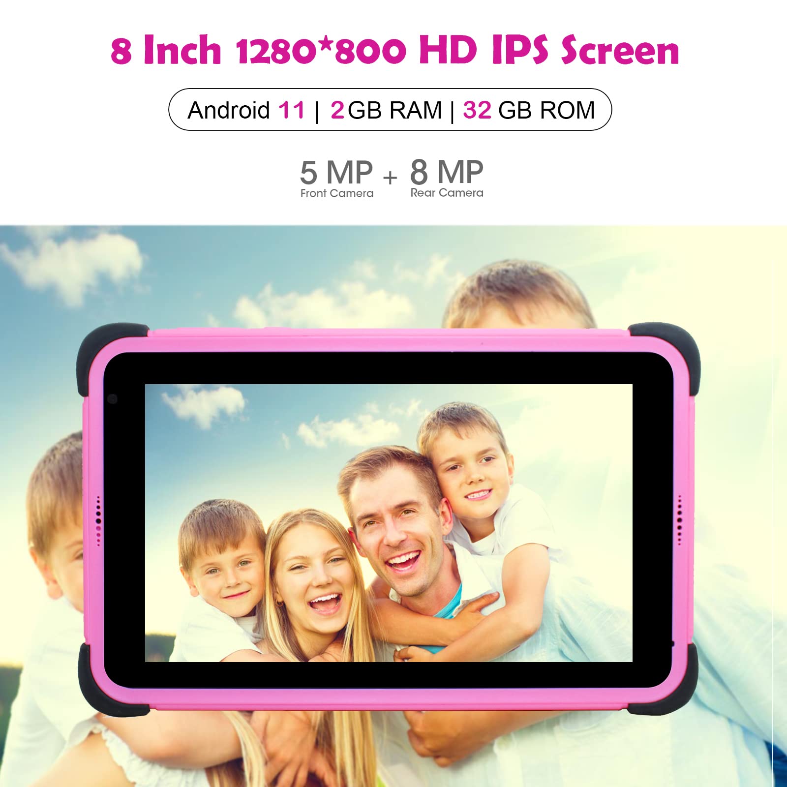 CWOWDEFU Android 11.0 Tablet per bambini 8 pollici,5MP+8MP,1280 * 800 IPS HD Schermo,4500mAh,Tablet WiFi per ragazze 2GB RAM 32GB Storage Tablet per l'apprendimento per i più piccoli (rosa)