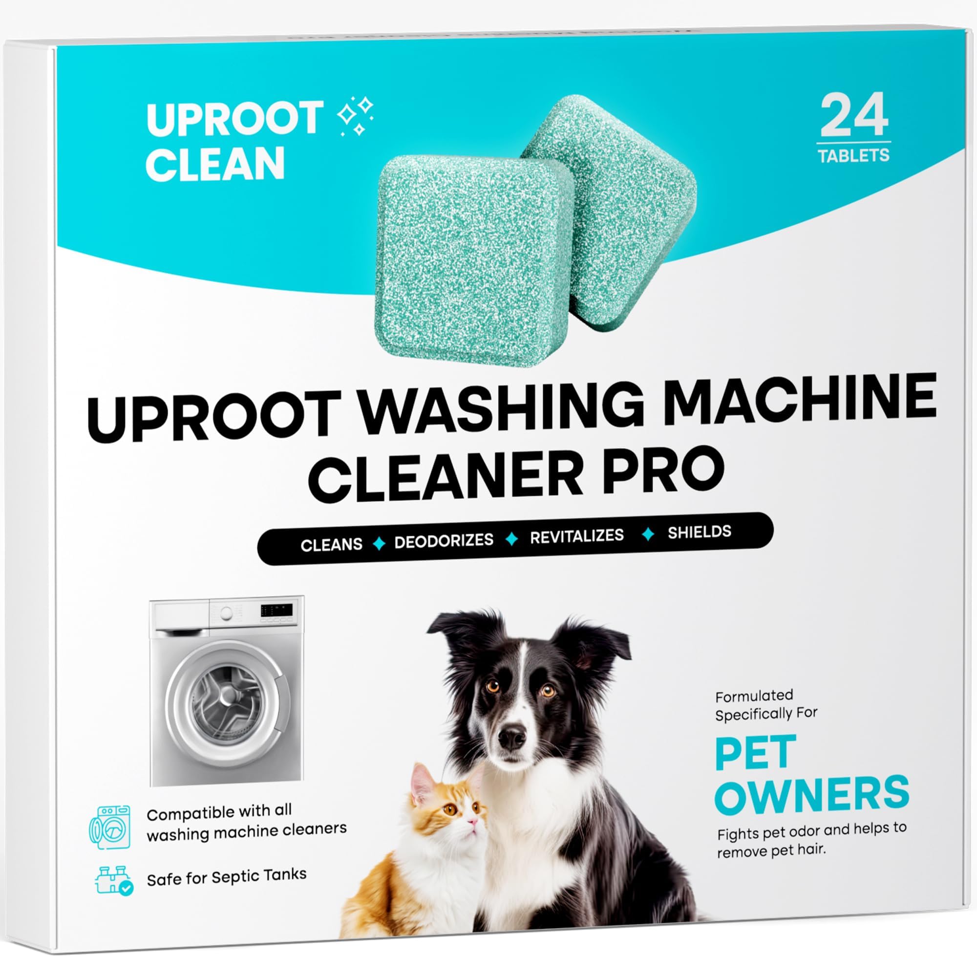 Washing Machine Cleaning Tablets for Pet Owners, 24 Pack | HE/Top/Front Load Compatible, 12 Month Supply, Easily Removes Residue, Grime, and Odors, Formulated for Pet Owners