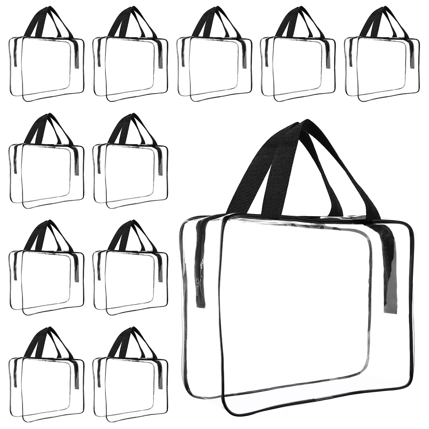 GEMLORD 12 Pieces Large Clear Cosmetic Organizer Makeup Bag, Clear PVC Travel Toiletry Bags with Zipper and Handle, Plastic Tote Bags for Beach,