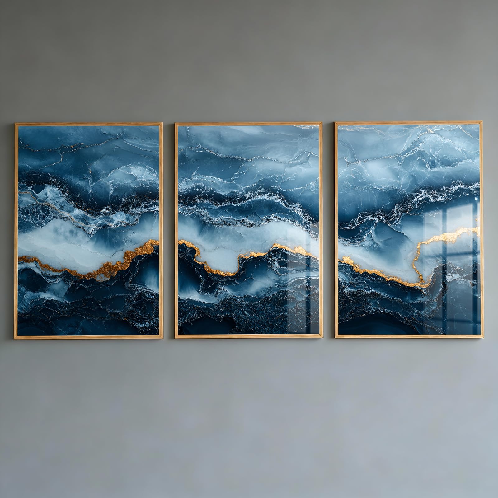 PWAAHDC Navy Blue and Gold Wall Art Set of 3 – Abstract Marble Posters for Living Room, Bedroom, Bathroom & Hallway – Modern Blue Aesthetic Prints (Unframed 30 x 40 cm) — image 1